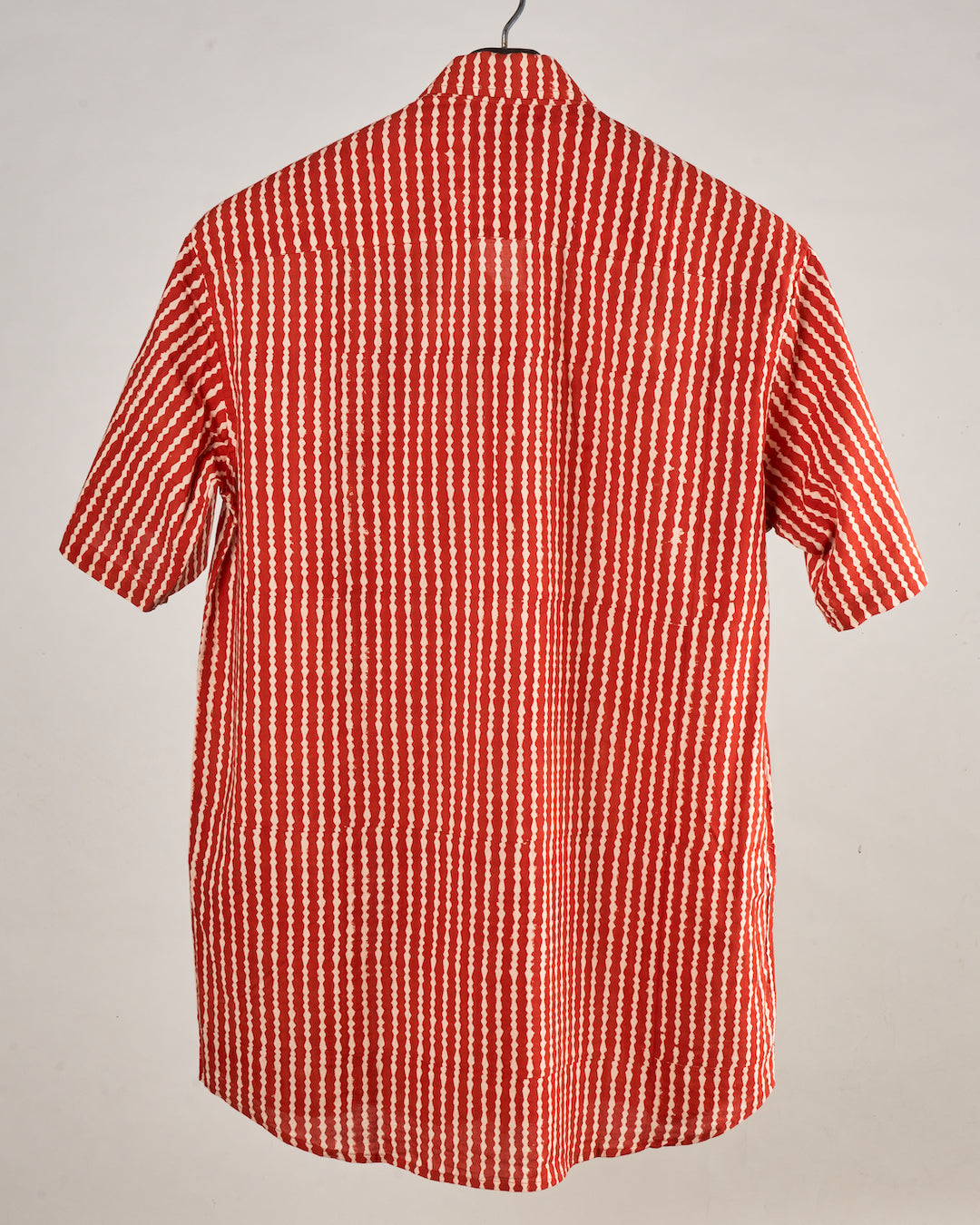 Hand Blockprinted Cotton Half Sleeve Shirt for Men - Regular Fit - Red Stripes