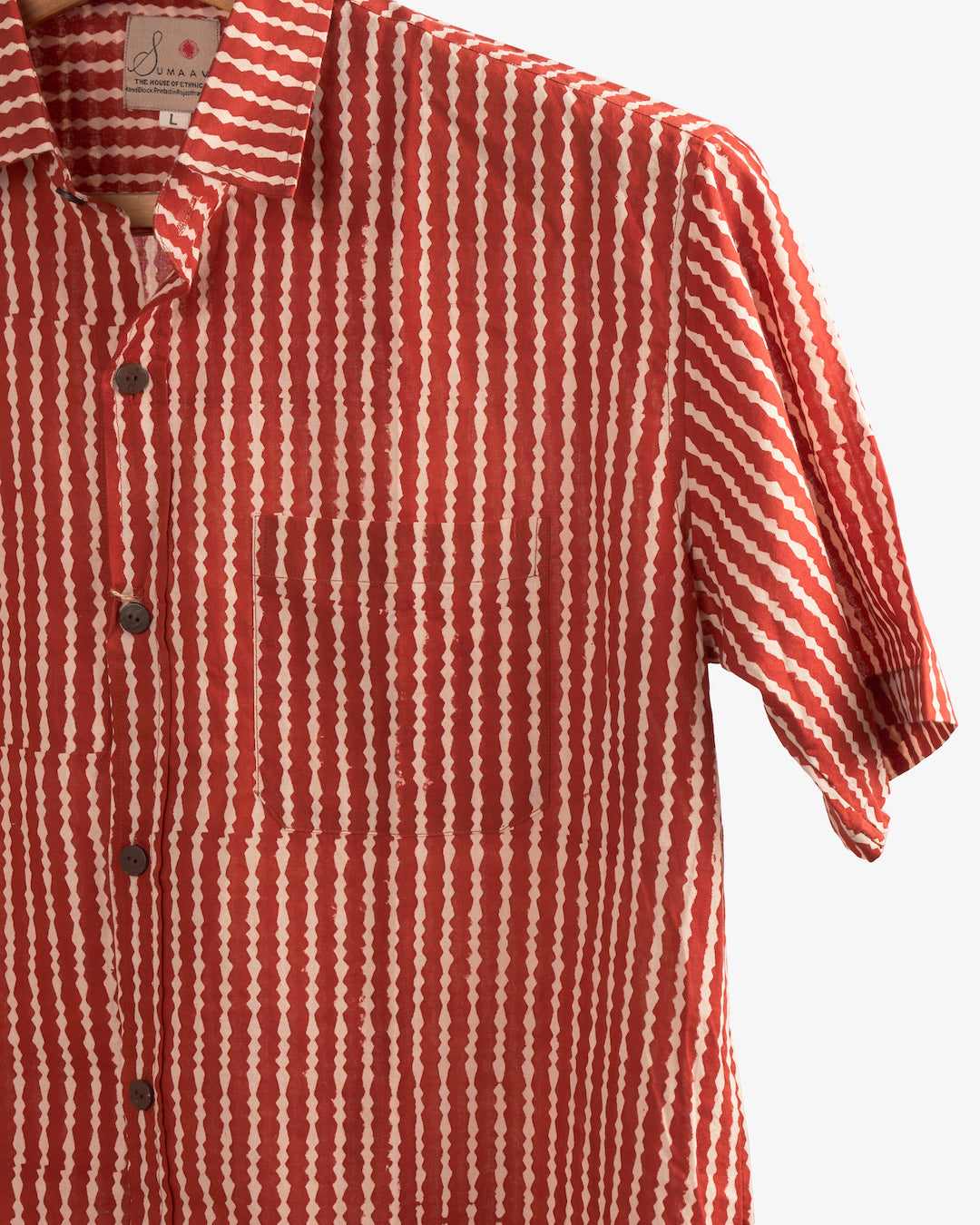 Hand Blockprinted Cotton Half Sleeve Shirt for Men - Regular Fit - Red Stripes