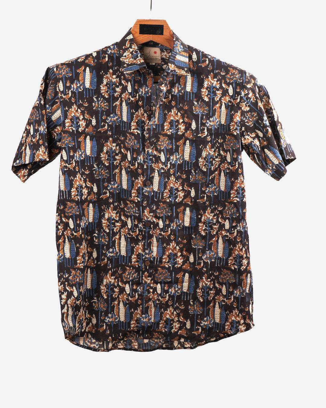 Hand Blockprinted Cotton Half Sleeve Shirt for Men - Regular Fit - Black
