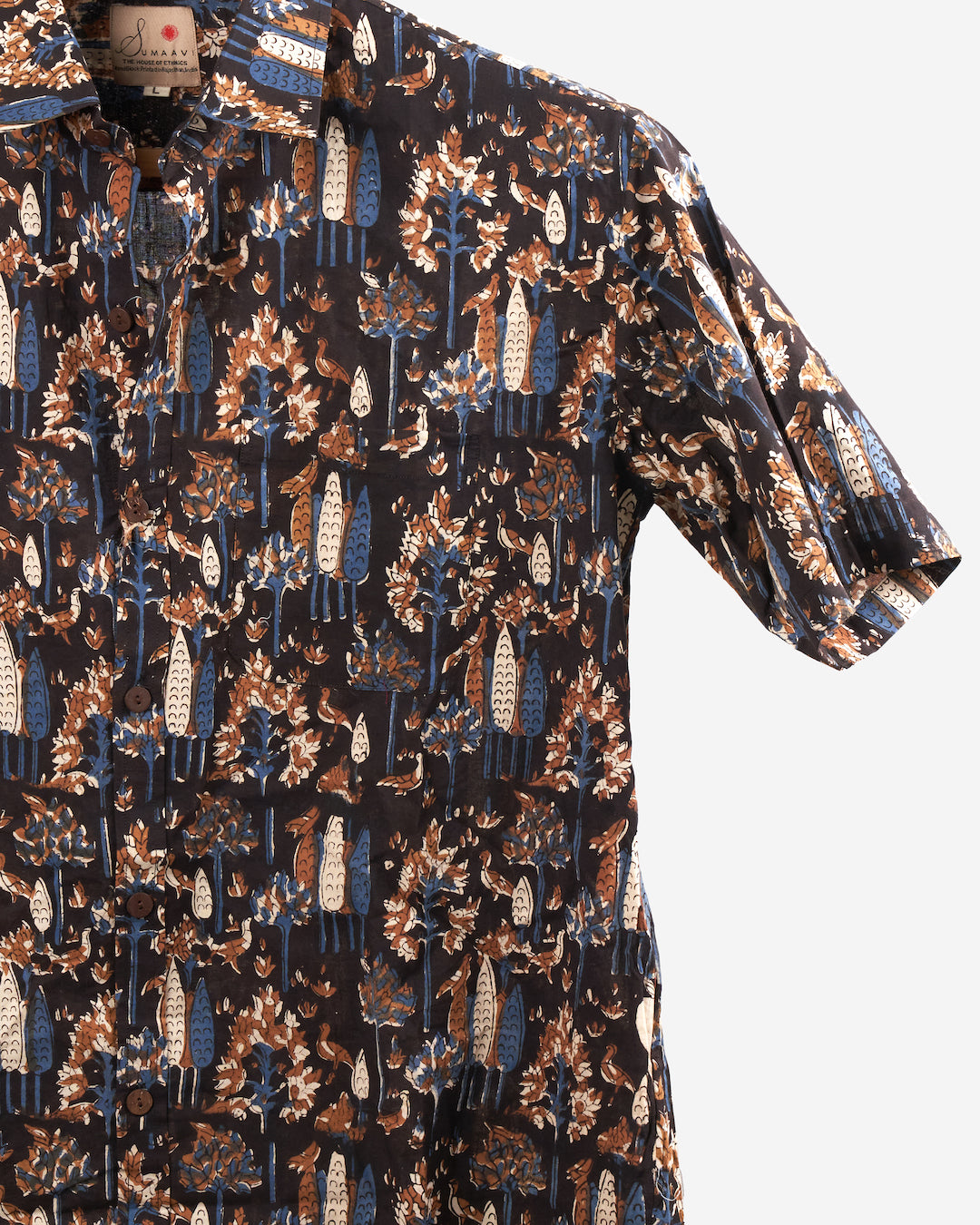 Hand Blockprinted Cotton Half Sleeve Shirt for Men - Regular Fit - Black
