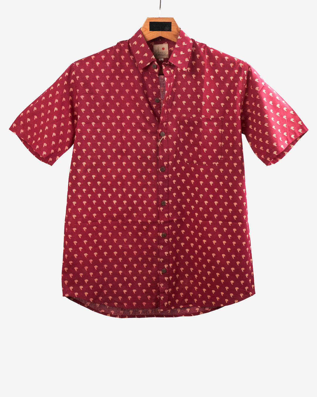 Hand Blockprinted Cotton Half Sleeve Shirt for Men - Regular Fit - Red Small Print