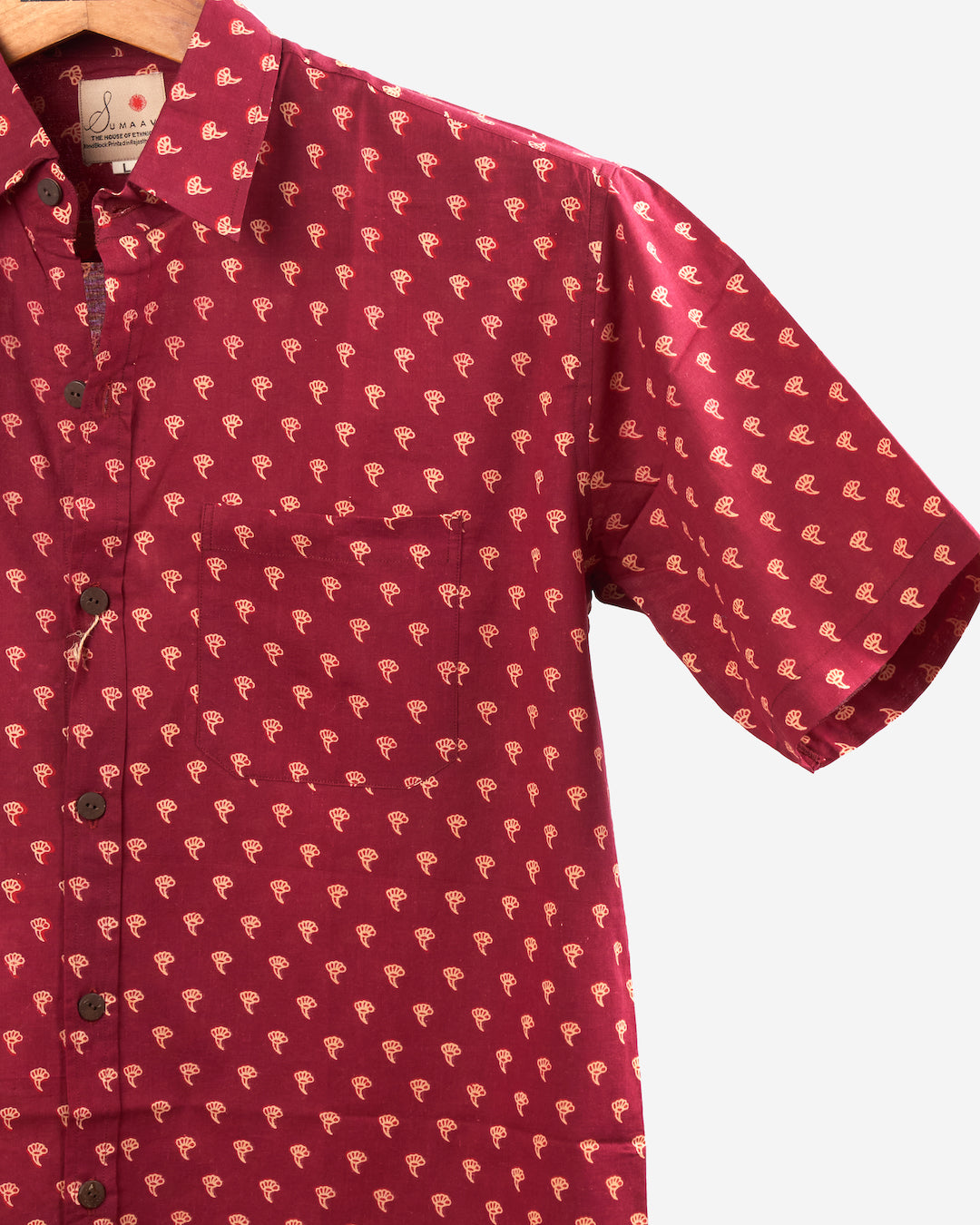 Hand Blockprinted Cotton Half Sleeve Shirt for Men - Regular Fit - Red Small Print