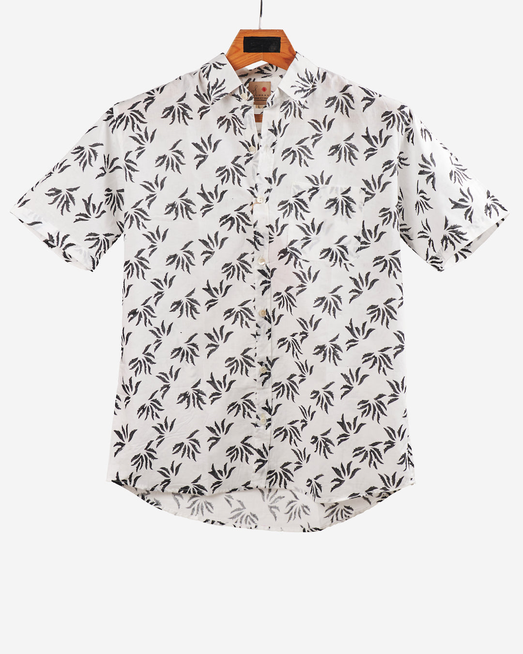 Hand Blockprinted Cotton Half Sleeve Shirt for Men - Regular Fit - White Dark Grey Floral