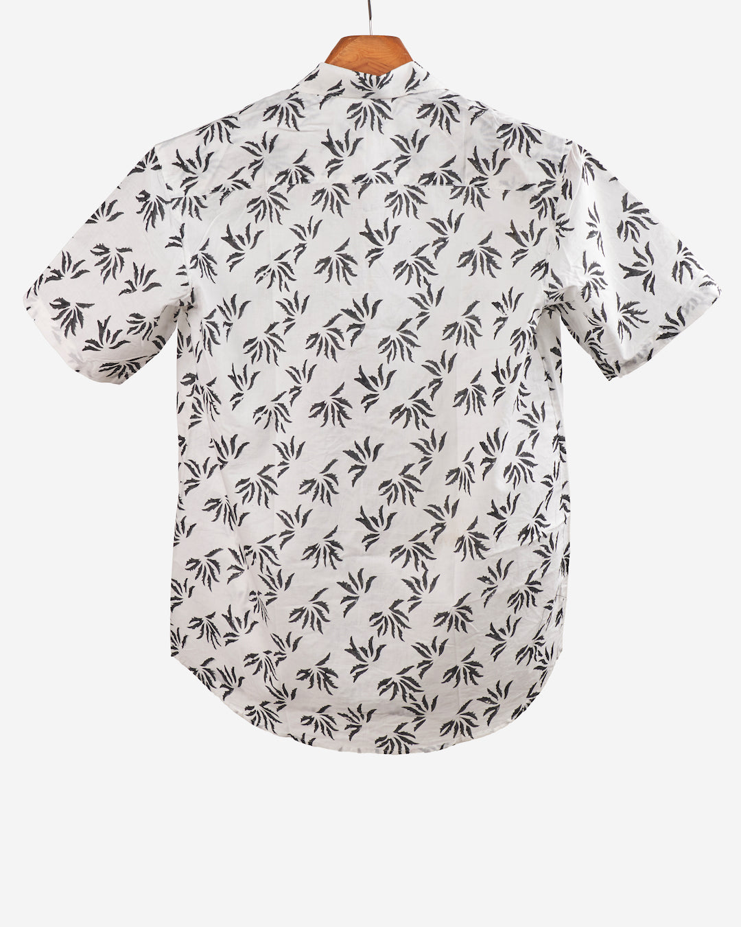 Hand Blockprinted Cotton Half Sleeve Shirt for Men - Regular Fit - White Dark Grey Floral