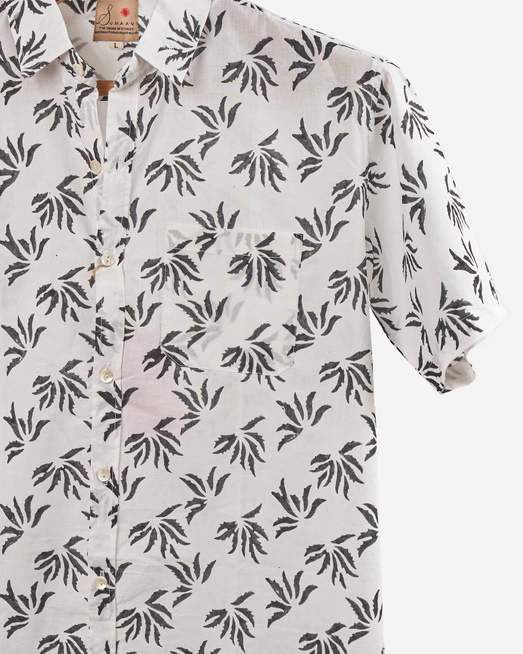 Hand Blockprinted Cotton Half Sleeve Shirt for Men - Regular Fit - White Dark Grey Floral