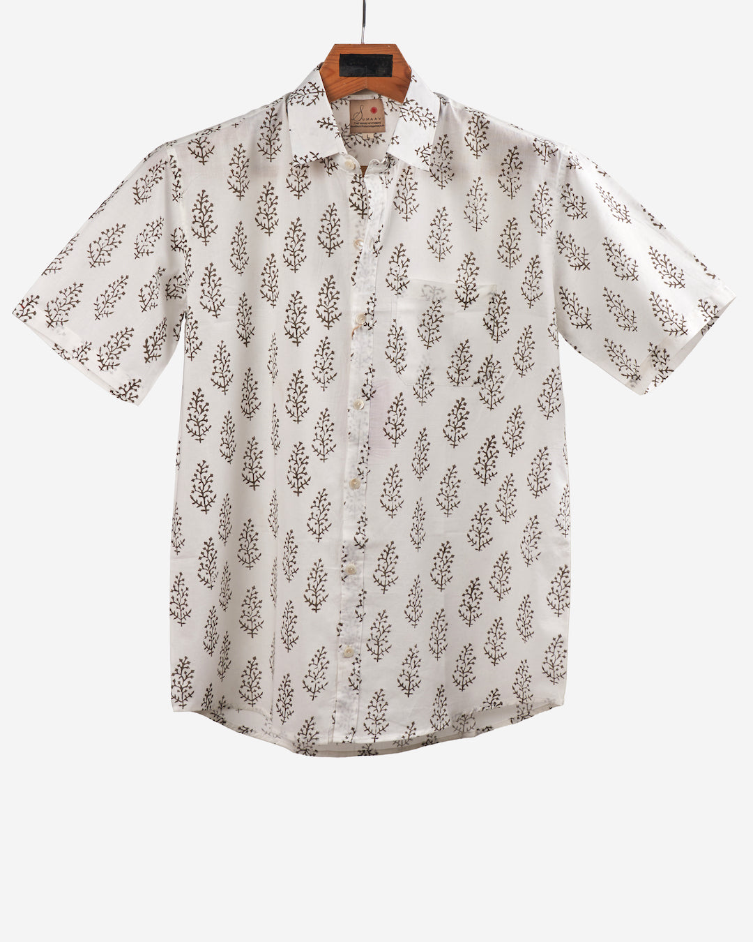 Hand Blockprinted Cotton Half Sleeve Shirt for Men - Regular Fit - White