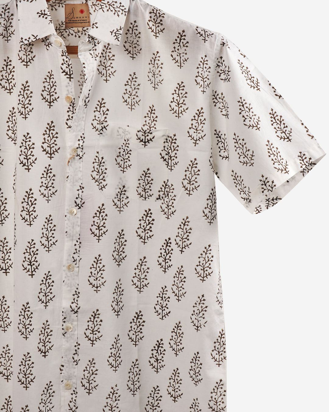 Hand Blockprinted Cotton Half Sleeve Shirt for Men - Regular Fit - White