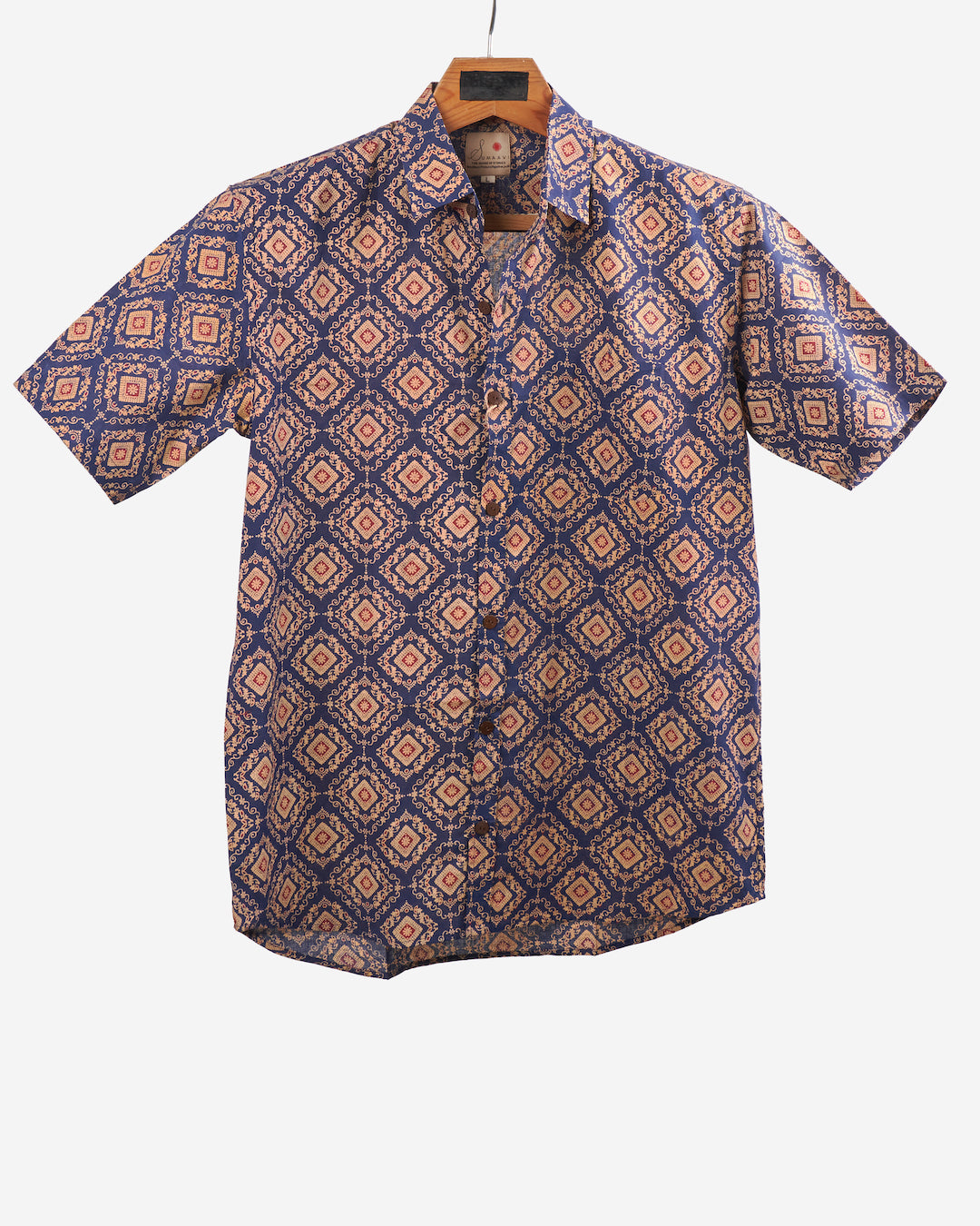 Hand Blockprinted Cotton Half Sleeve Shirt for Men - Regular Fit - Dark Blue