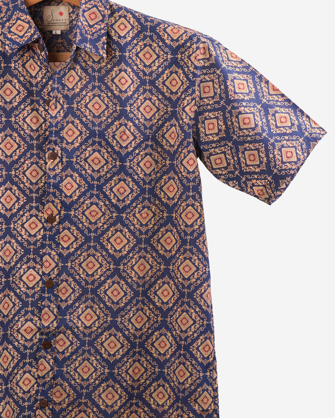 Hand Blockprinted Cotton Half Sleeve Shirt for Men - Regular Fit - Dark Blue