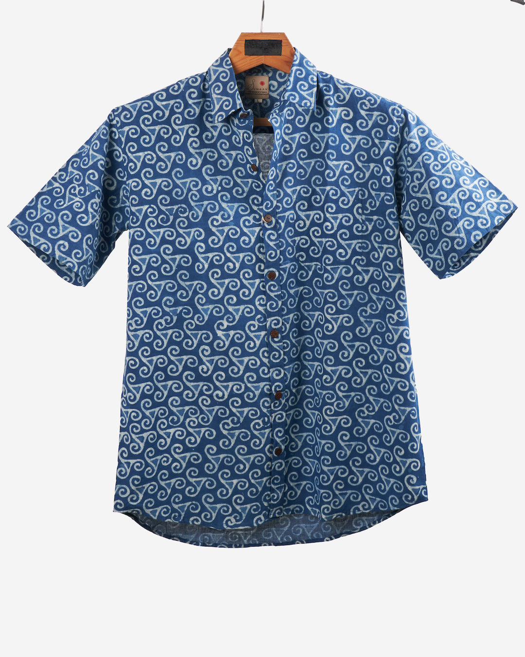 Hand Blockprinted Cotton Half Sleeve Shirt for Men - Regular Fit - Indigo Blue