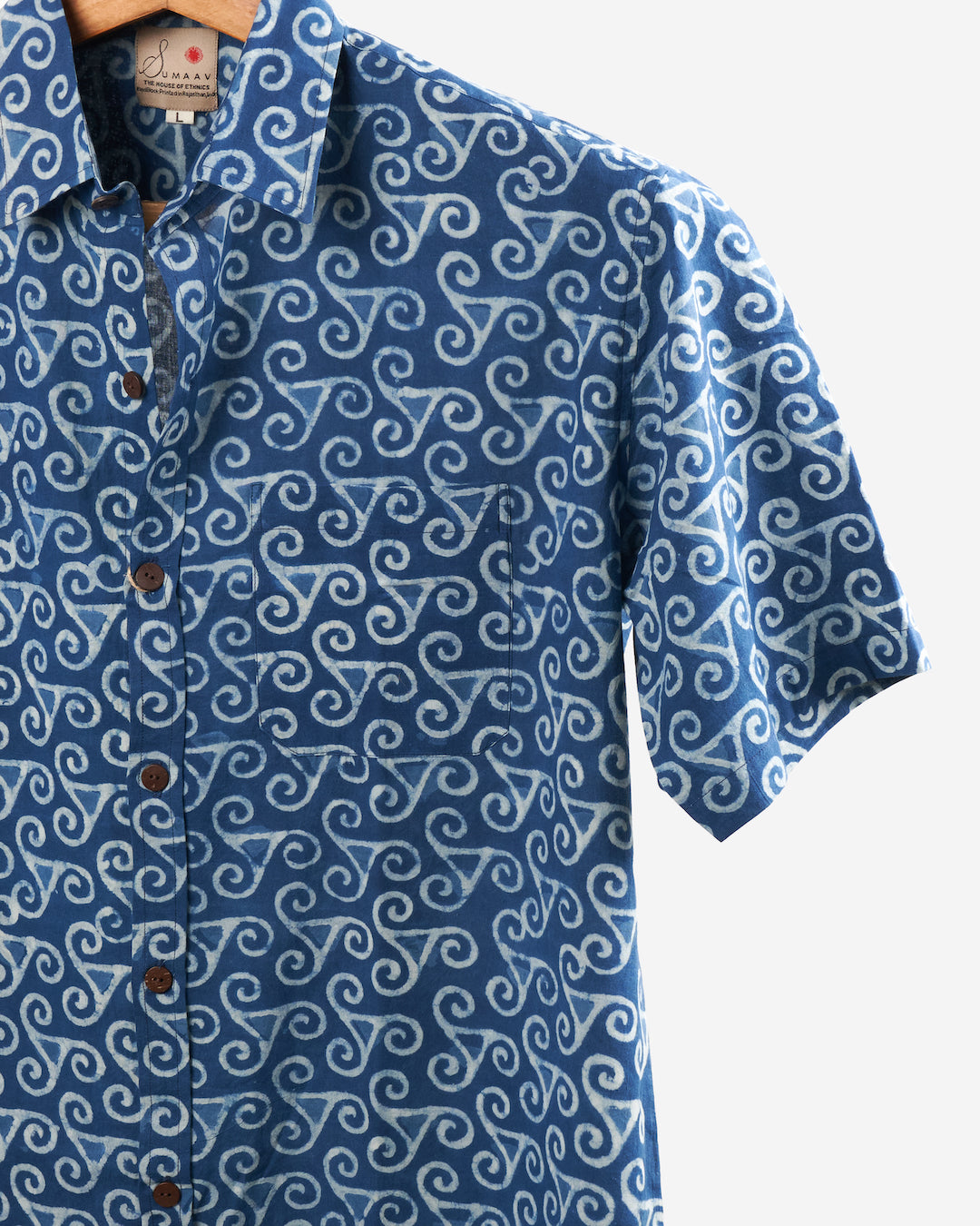 Hand Blockprinted Cotton Half Sleeve Shirt for Men - Regular Fit - Indigo Blue
