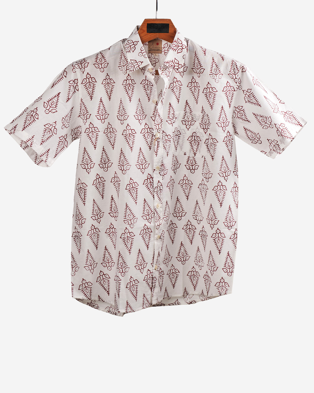 Hand Block printed Cotton Half Sleeve Shirt for Men - Regular Fit - White