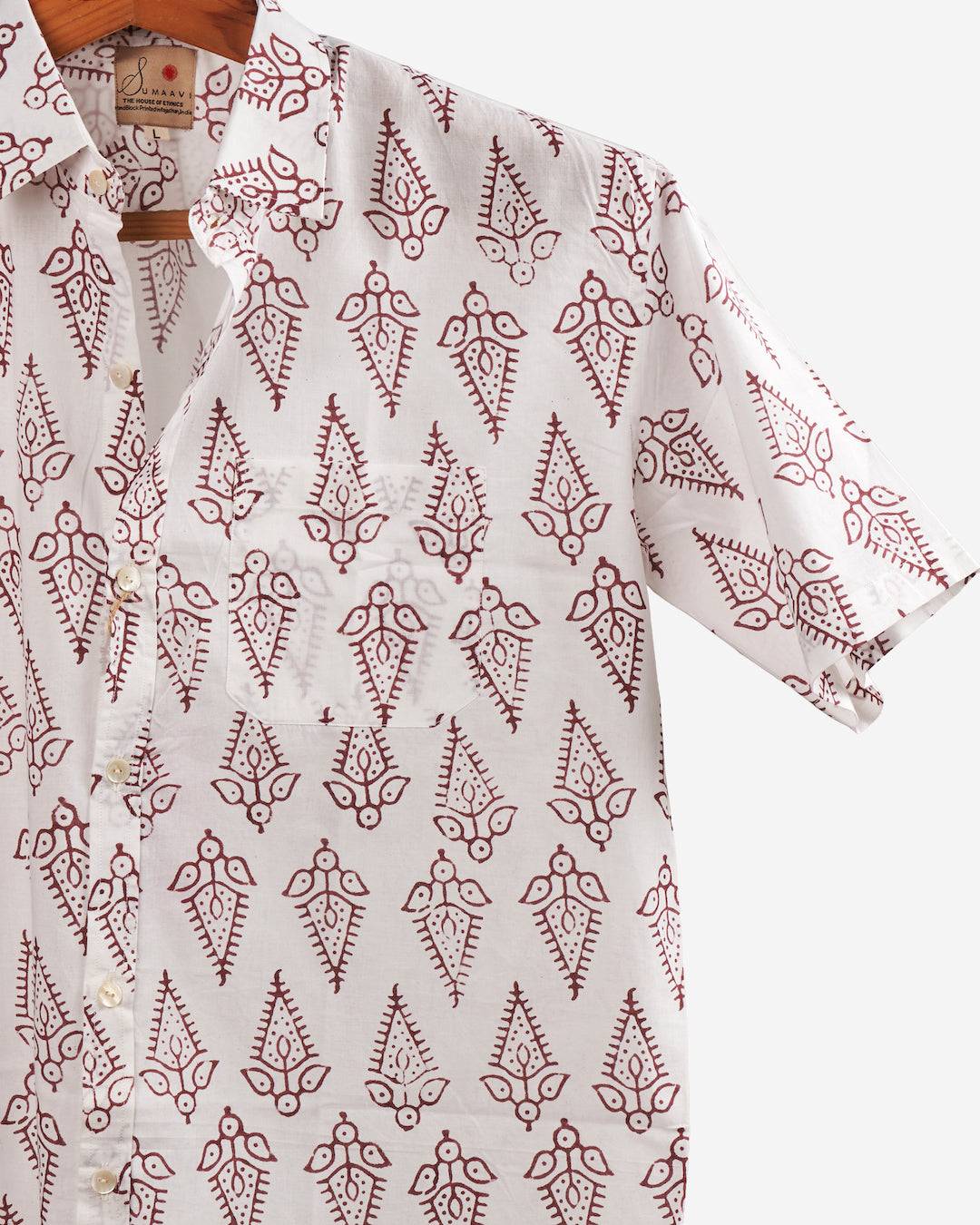 Hand Block printed Cotton Half Sleeve Shirt for Men - Regular Fit - White