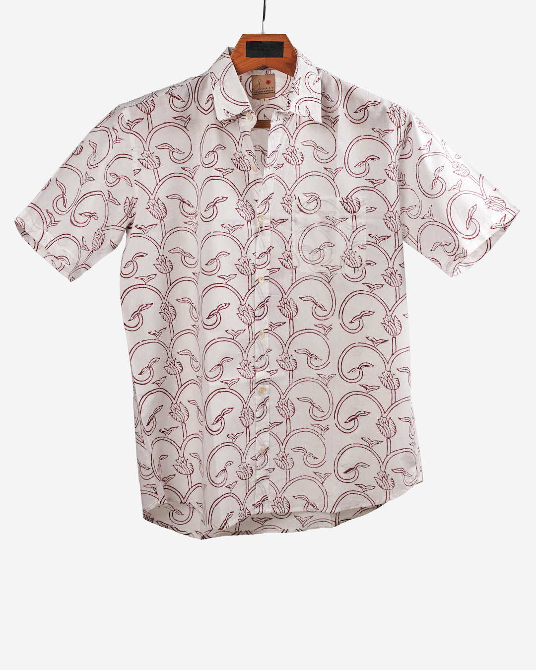 Hand Blockprinted Cotton Half Sleeve Shirt for Men - Regular Fit - White
