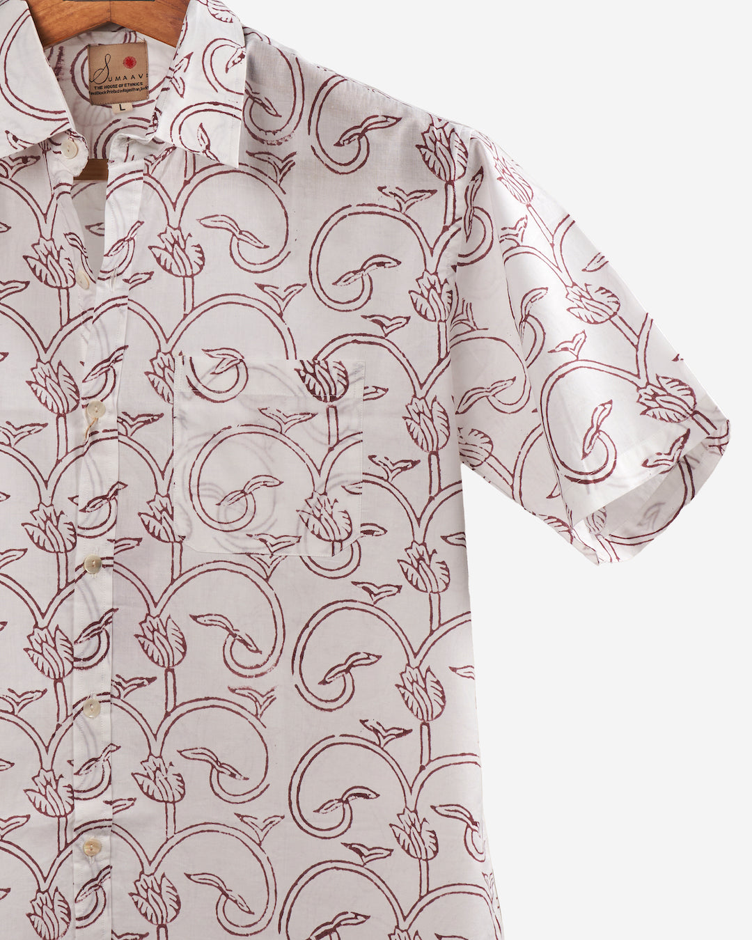 Hand Blockprinted Cotton Half Sleeve Shirt for Men - Regular Fit - White