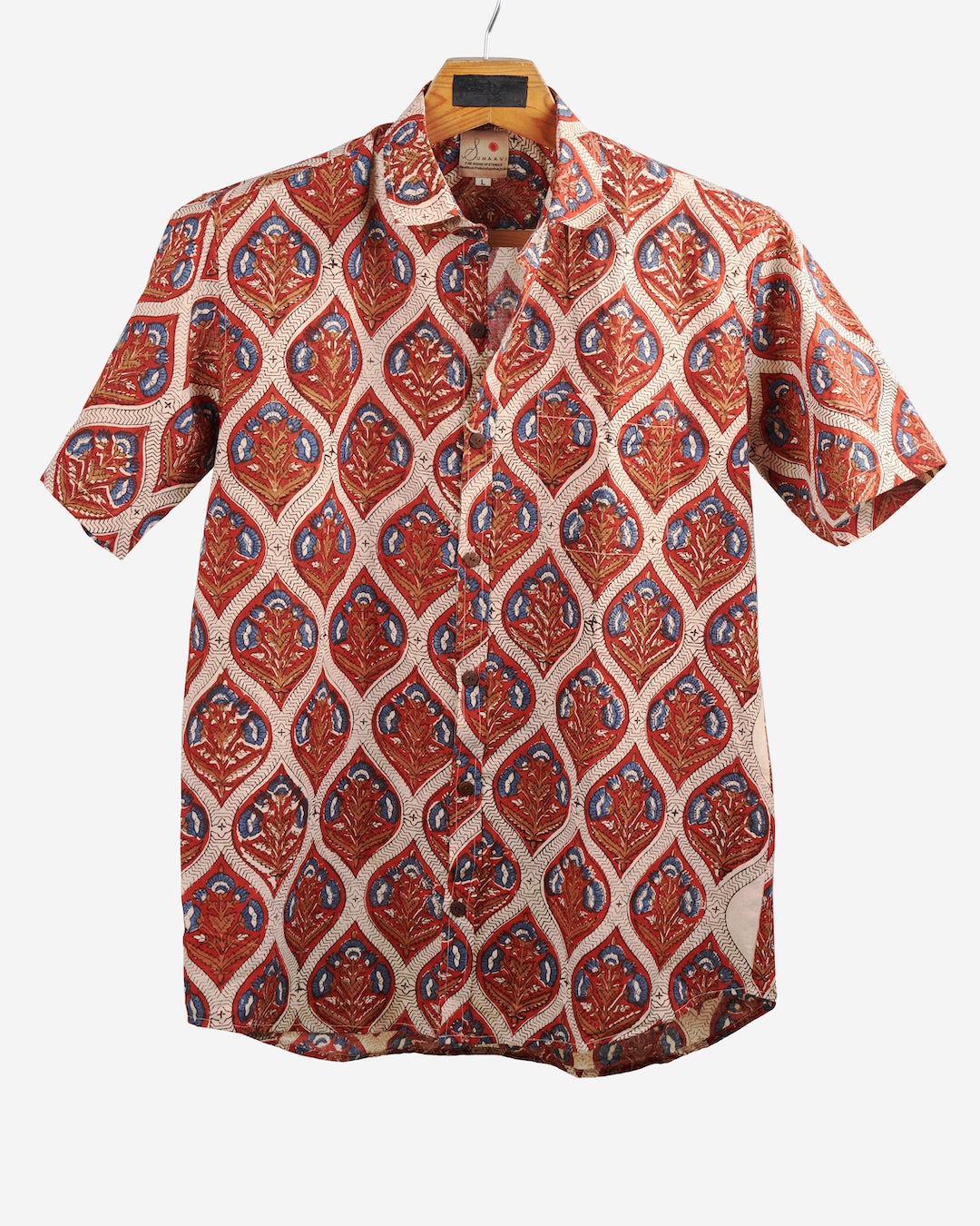 Hand Blockprinted Cotton Half Sleeve Shirt for Men - Regular Fit - Brown