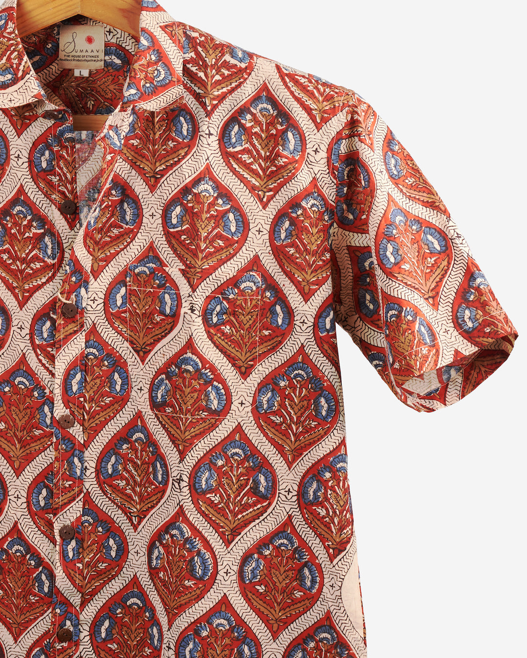 Hand Blockprinted Cotton Half Sleeve Shirt for Men - Regular Fit - Brown