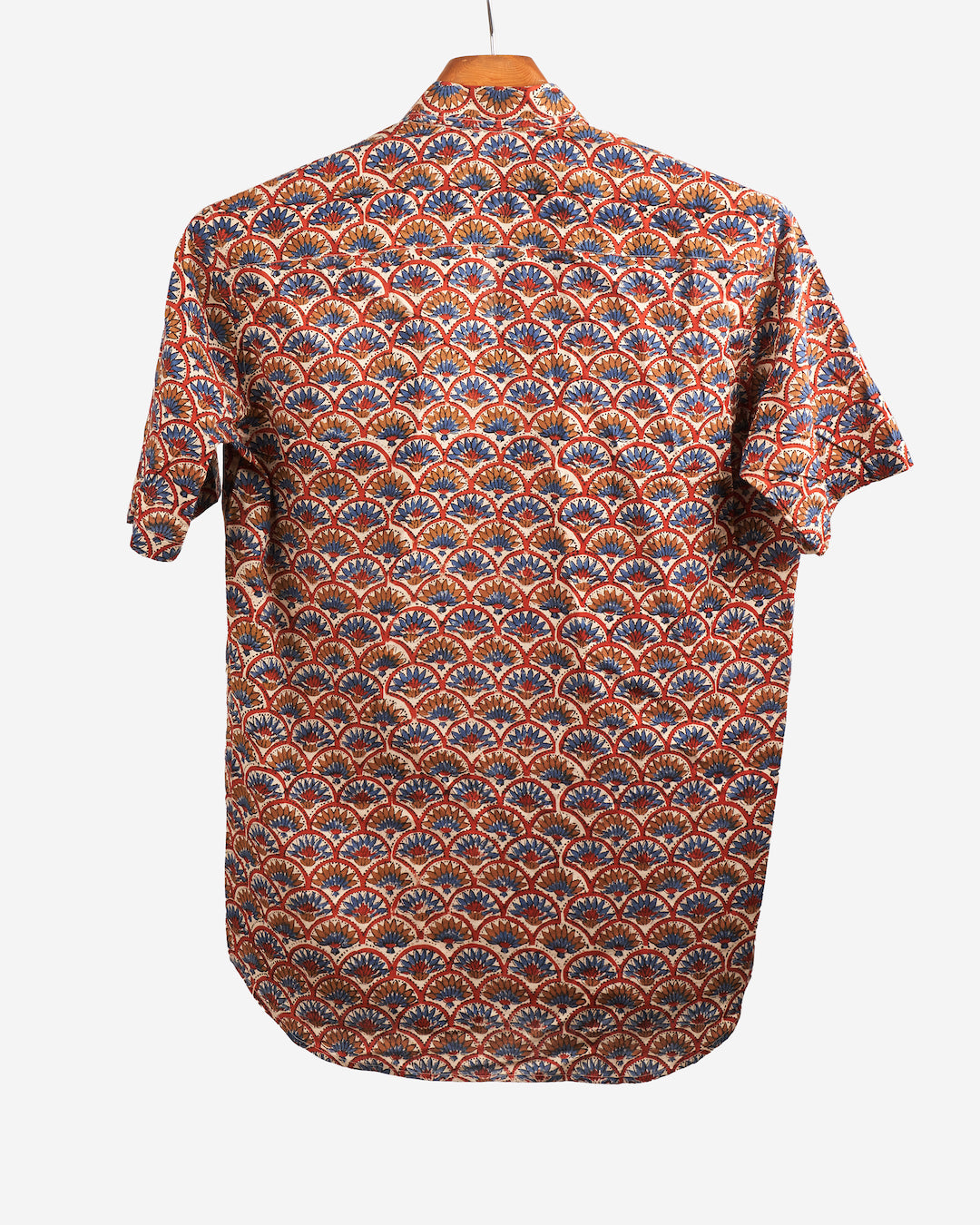 Hand Blockprinted Cotton Half Sleeve Shirt for Men - Regular Fit - Beige Blue motifs