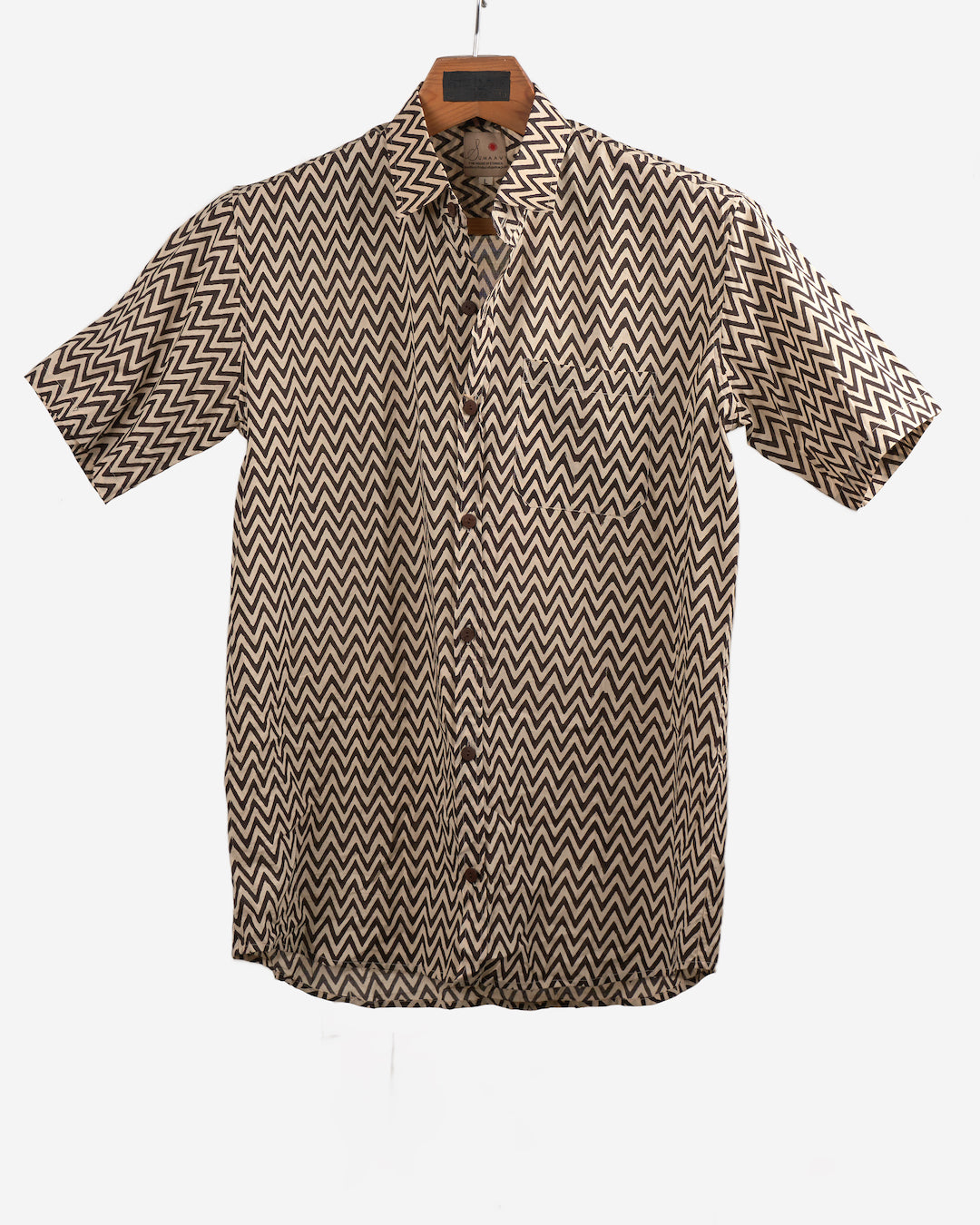 Hand Blockprinted Cotton Half Sleeve Shirt for Men - Regular Fit - Cream Black Chevron