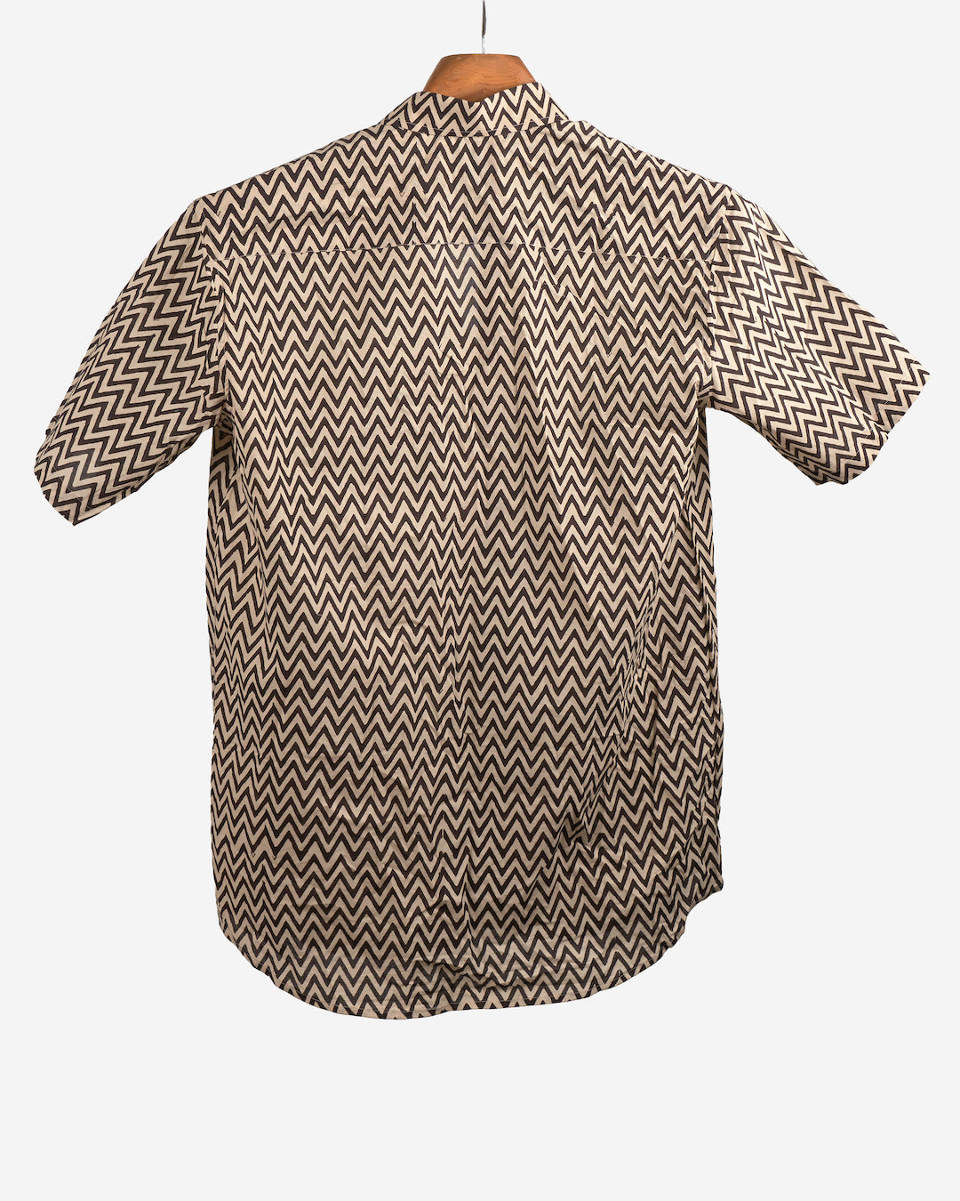 Hand Blockprinted Cotton Half Sleeve Shirt for Men - Regular Fit - Cream Black Chevron
