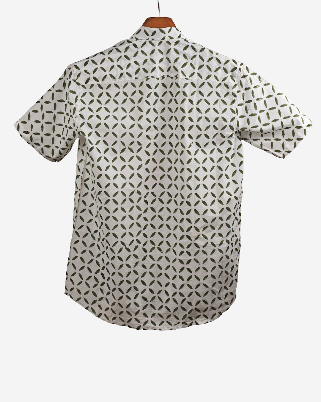 Hand Blockprinted Cotton Half Sleeve Shirt for Men - Regular Fit - White Green Motifs