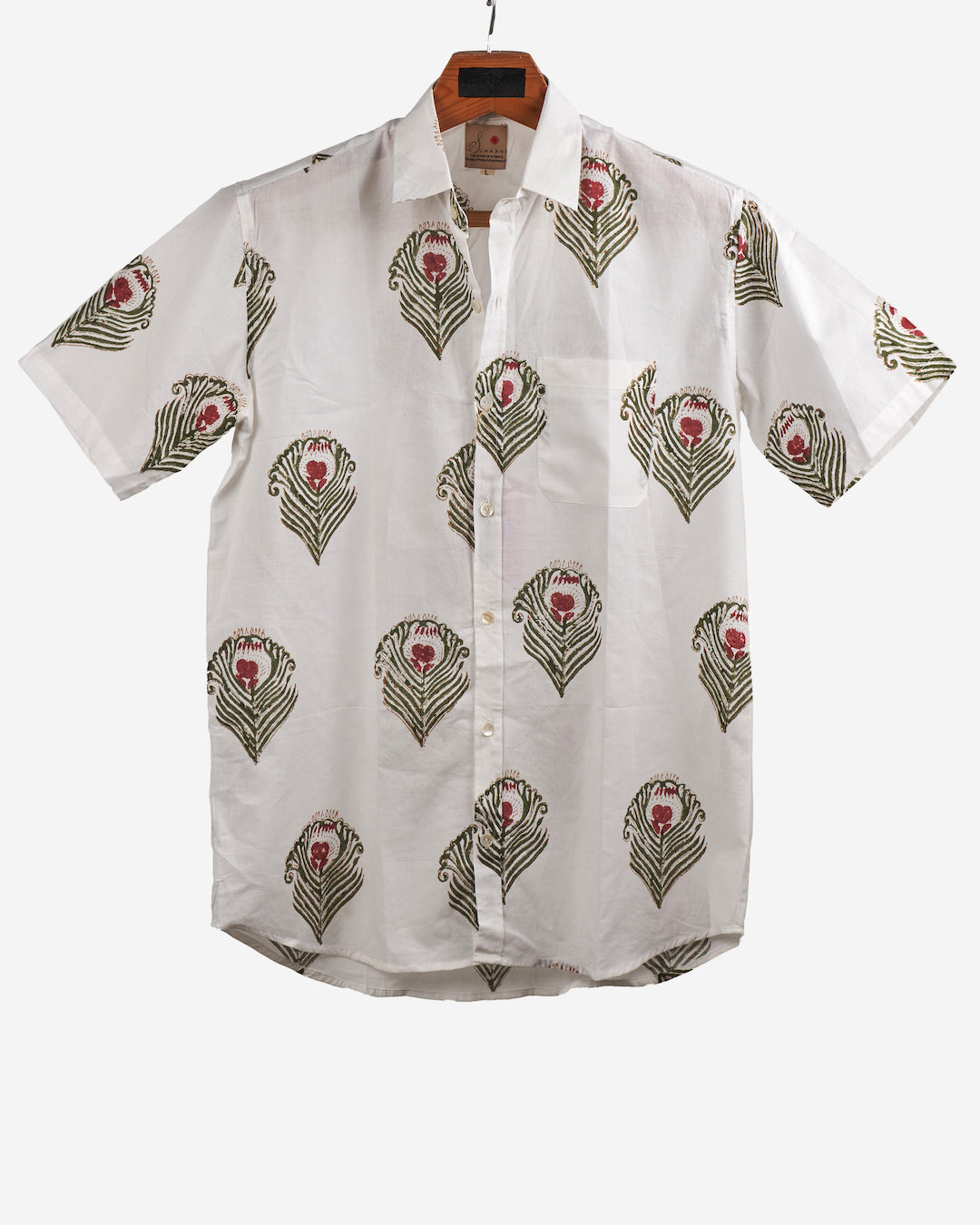Hand Blockprinted Cotton Half Sleeve Shirt for Men - Regular Fit - White Green Morpankh
