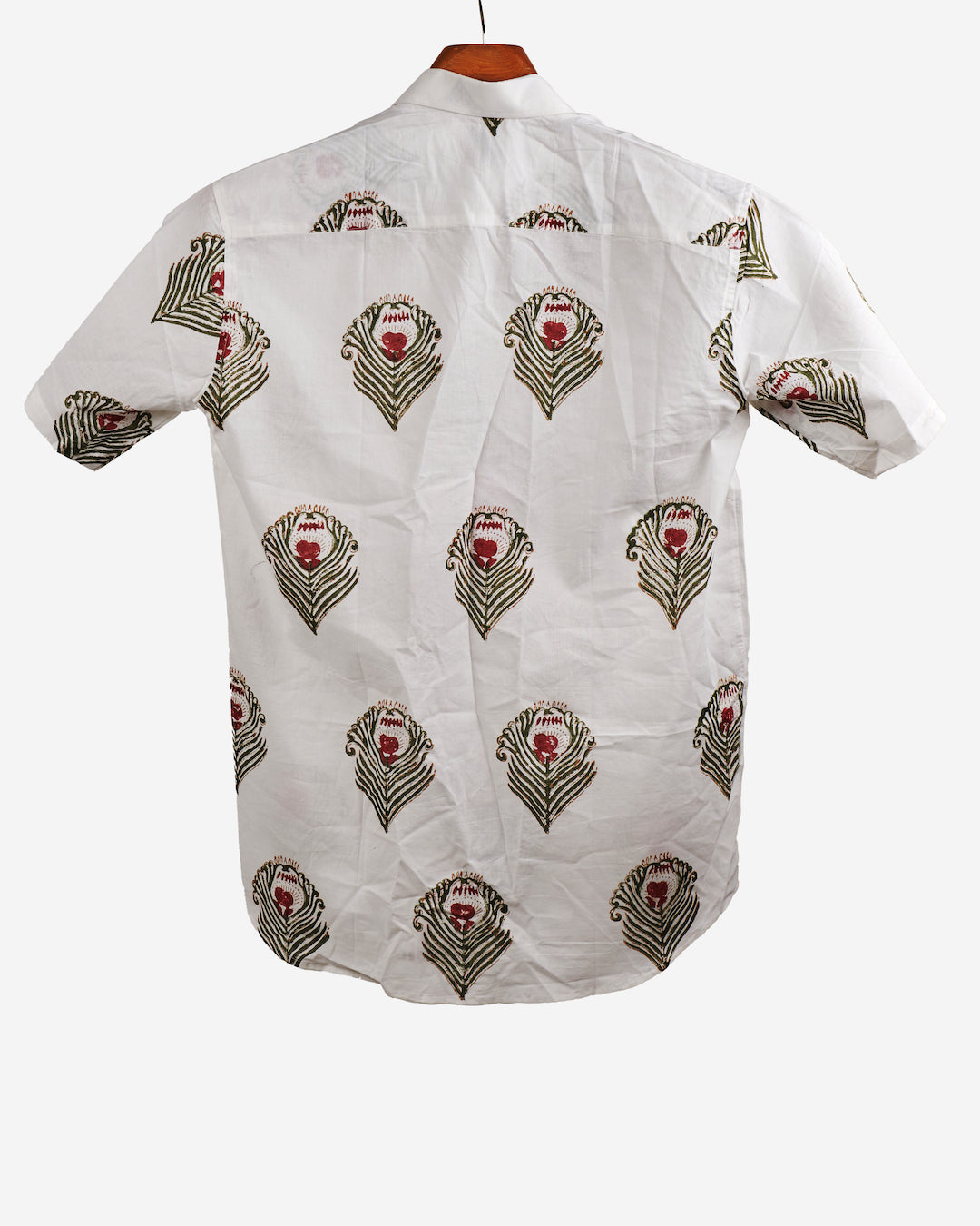 Hand Blockprinted Cotton Half Sleeve Shirt for Men - Regular Fit - White Green Morpankh