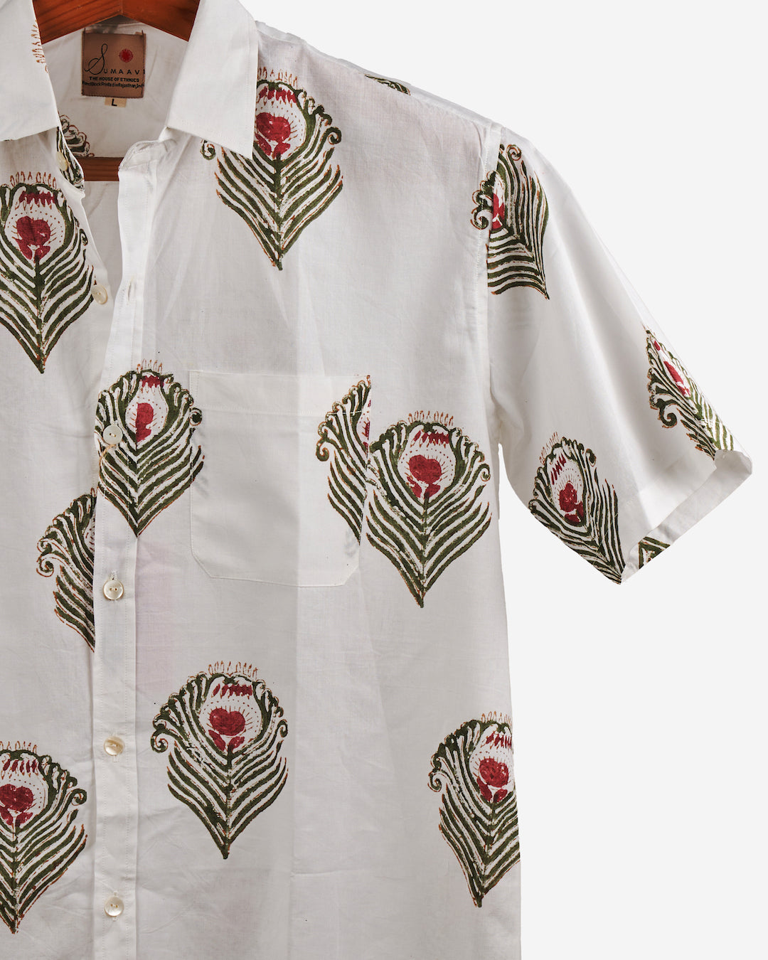 Hand Blockprinted Cotton Half Sleeve Shirt for Men - Regular Fit - White Green Morpankh