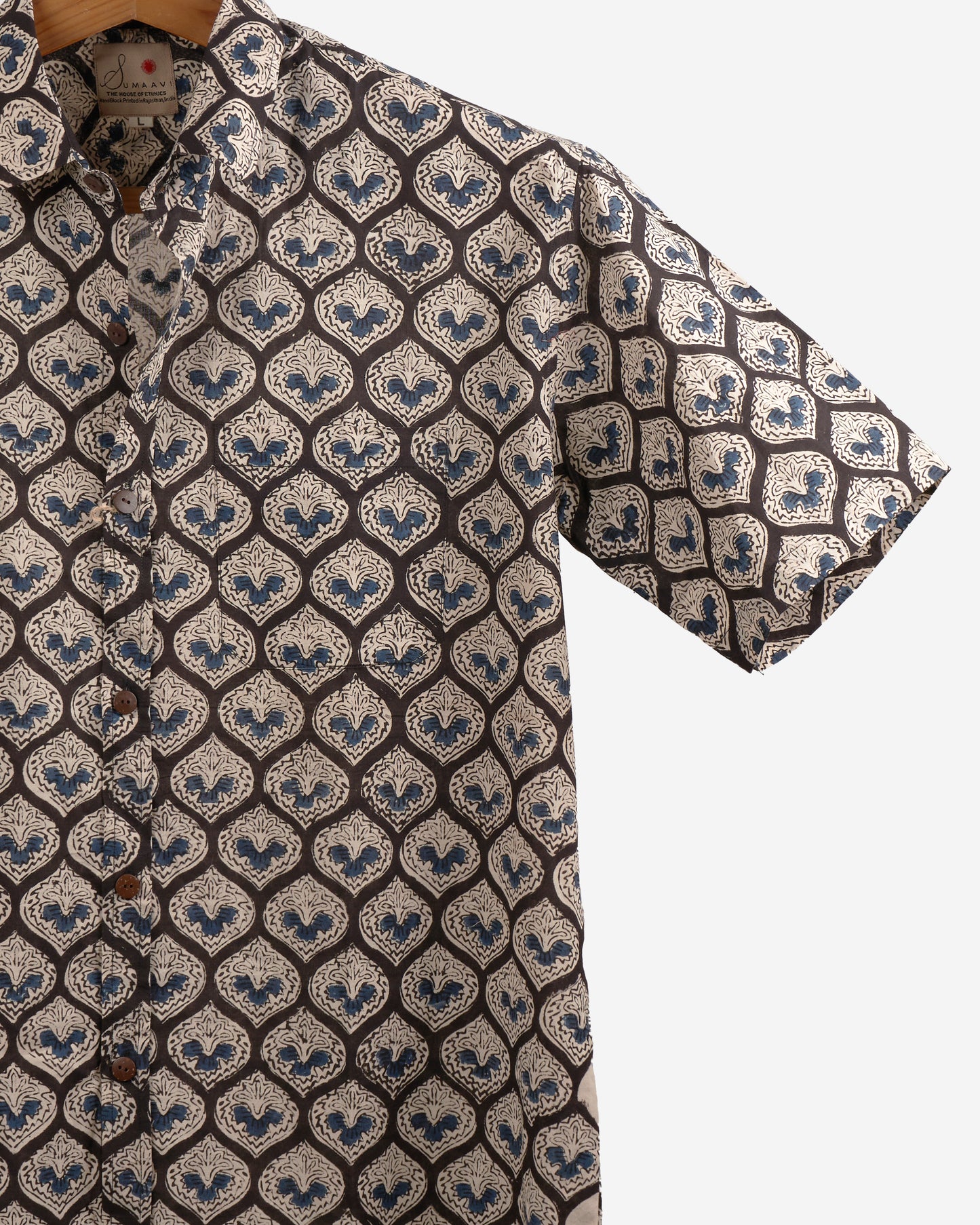 Hand Blockprinted Cotton Half Sleeve Shirt for Men - Regular Fit - Black