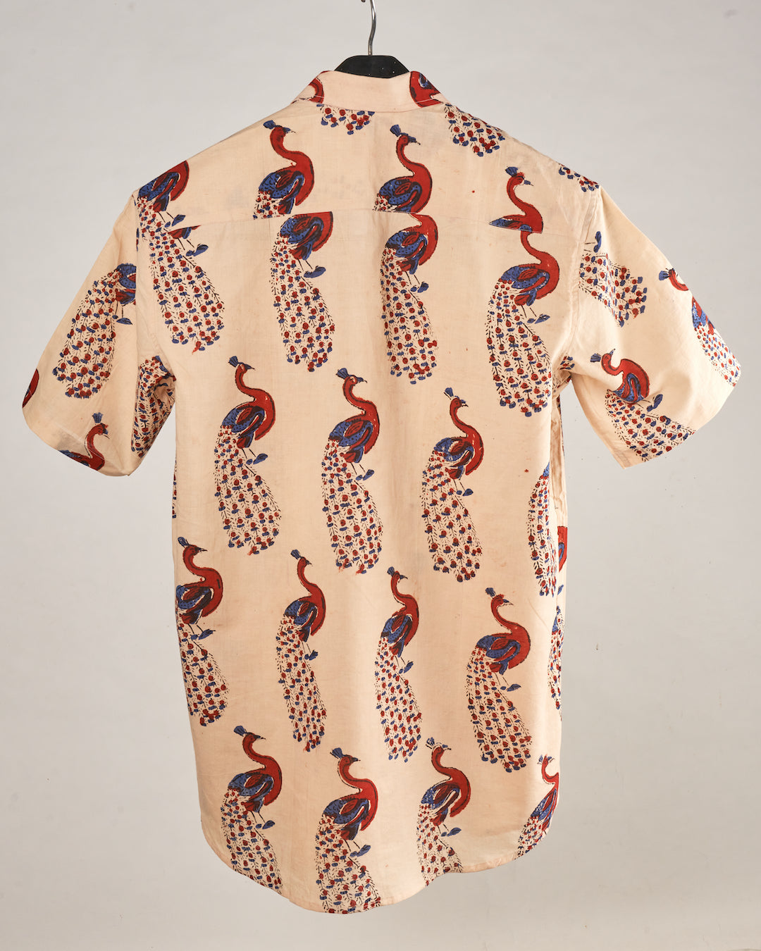 Hand Blockprinted Cotton Half Sleeve Shirt for Men - Regular Fit - Beige Peacock design