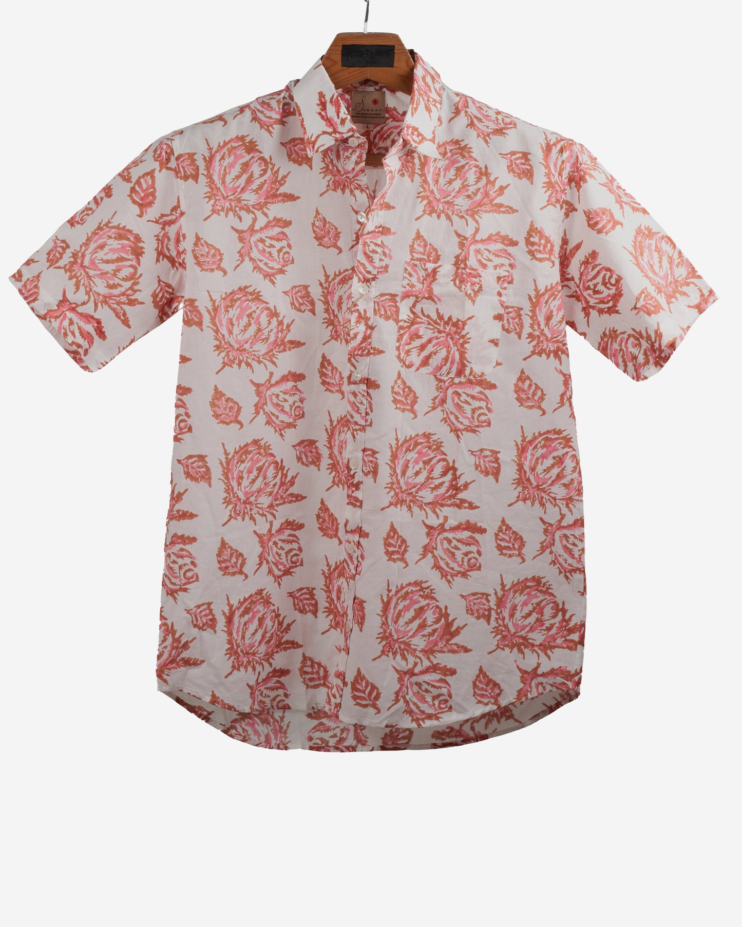 Hand Blockprinted Cotton Half Sleeve Shirt for Men - Regular Fit - White Peach