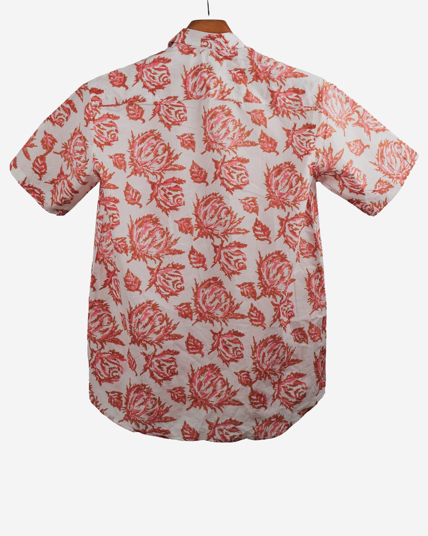 Hand Blockprinted Cotton Half Sleeve Shirt for Men - Regular Fit - White Peach