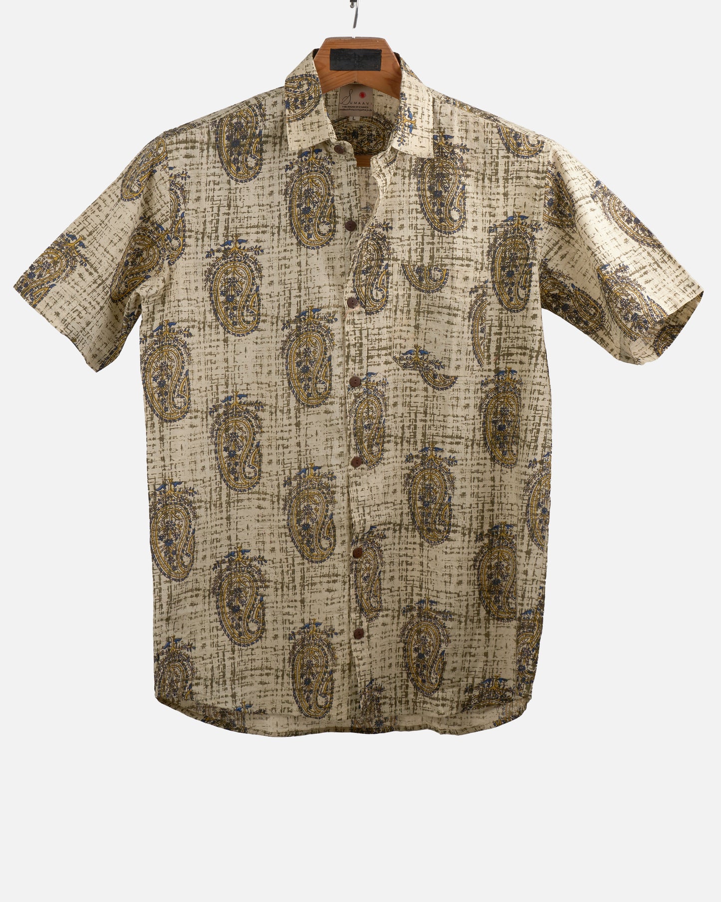 Hand Blockprinted Cotton Half Sleeve Shirt for Men - Regular Fit - Beige Black Paisley design