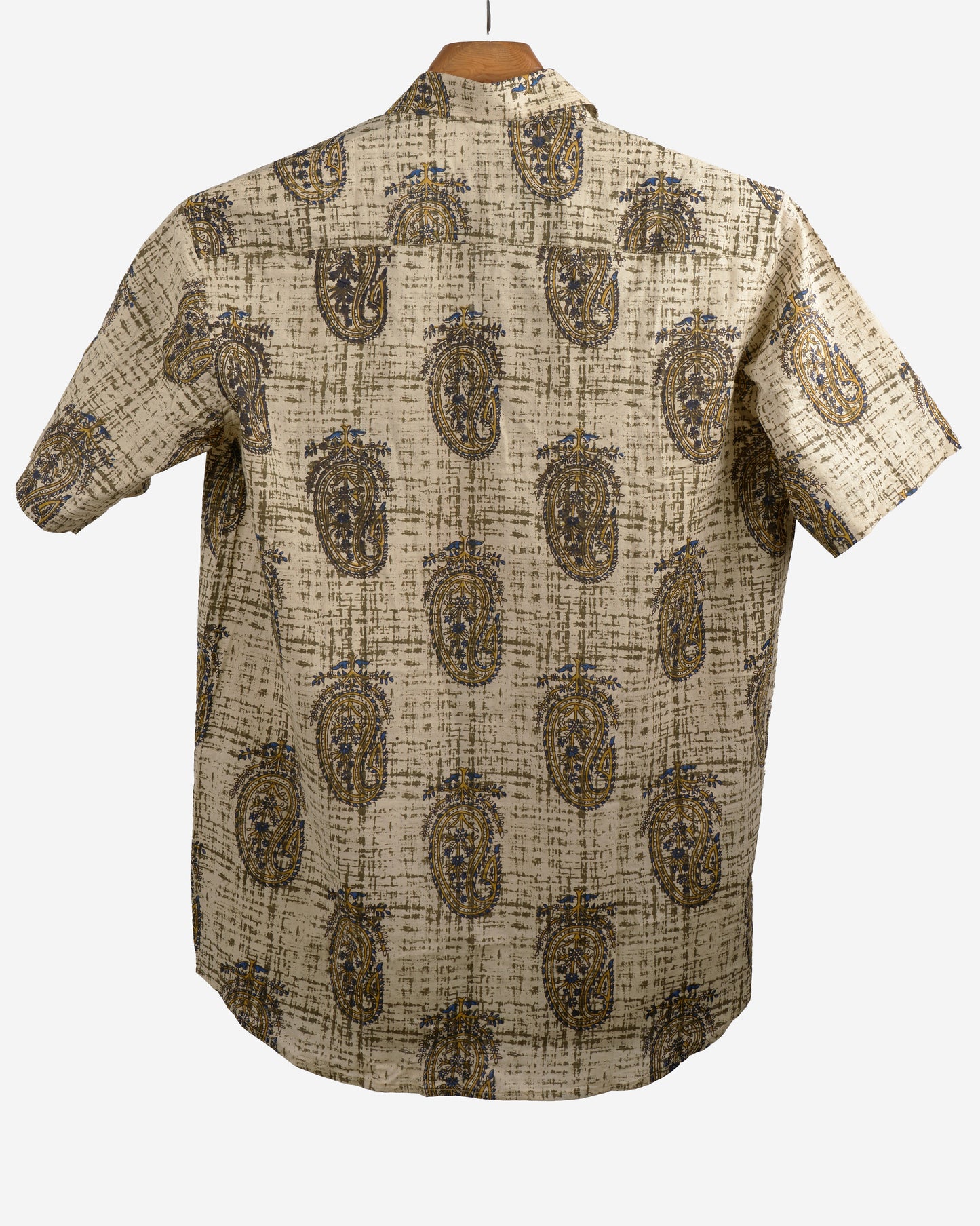 Hand Blockprinted Cotton Half Sleeve Shirt for Men - Regular Fit - Beige Black Paisley design