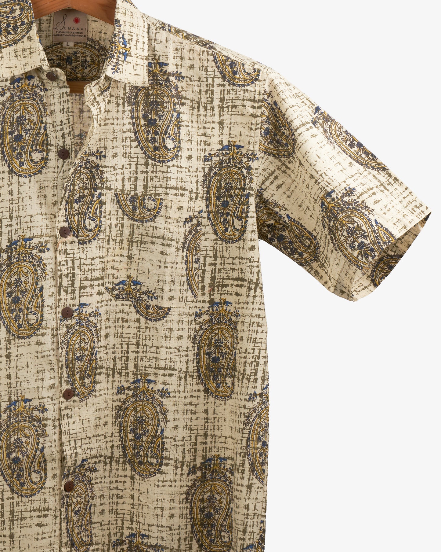 Hand Blockprinted Cotton Half Sleeve Shirt for Men - Regular Fit - Beige Black Paisley design