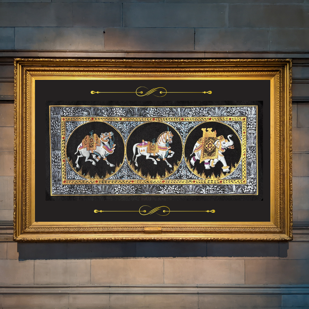 Rajasthani Handmade Miniature Painting Camel Elephant Horse Trio Black Colour with Golden Detailing