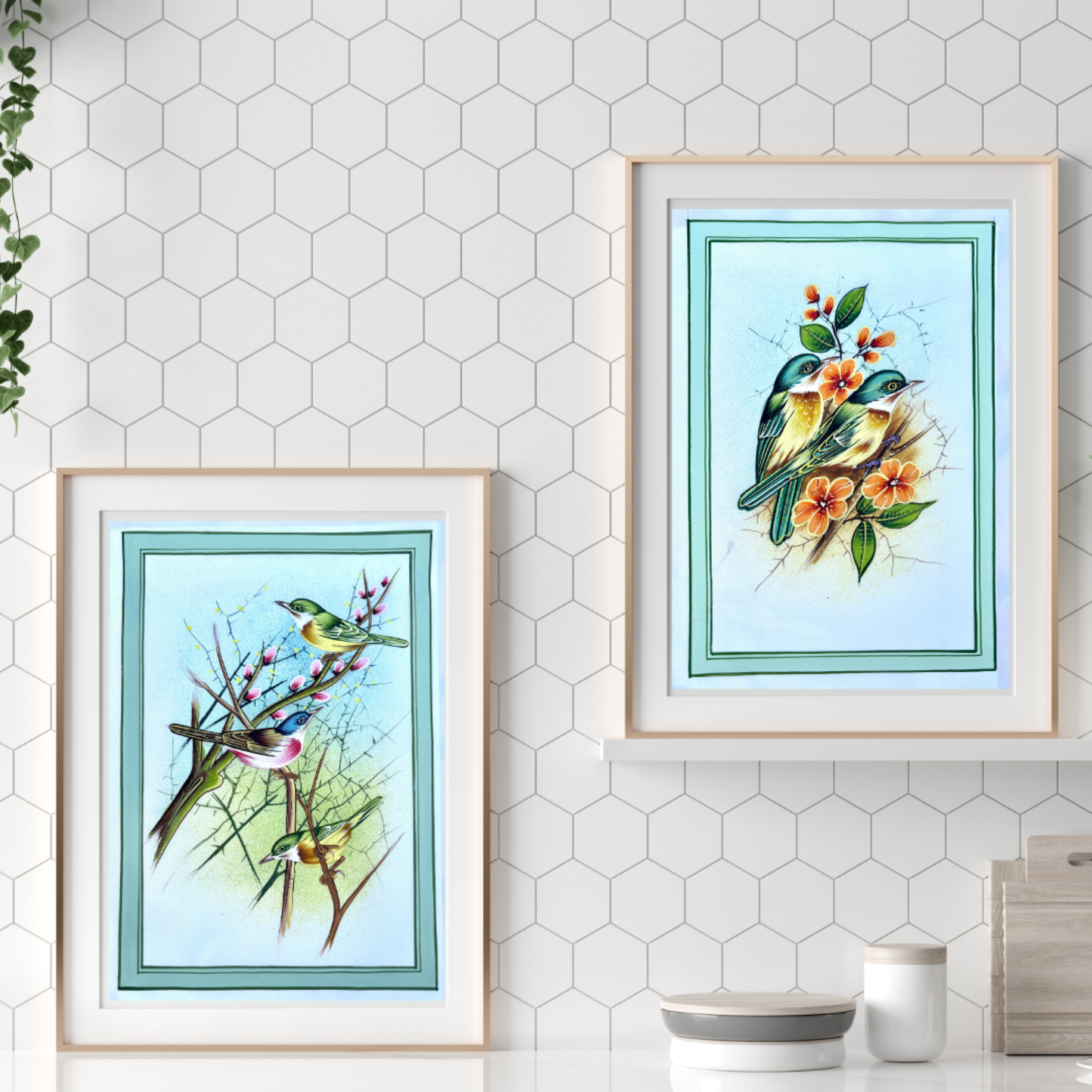 Handmade Bird Painting three colorful birds green border white background