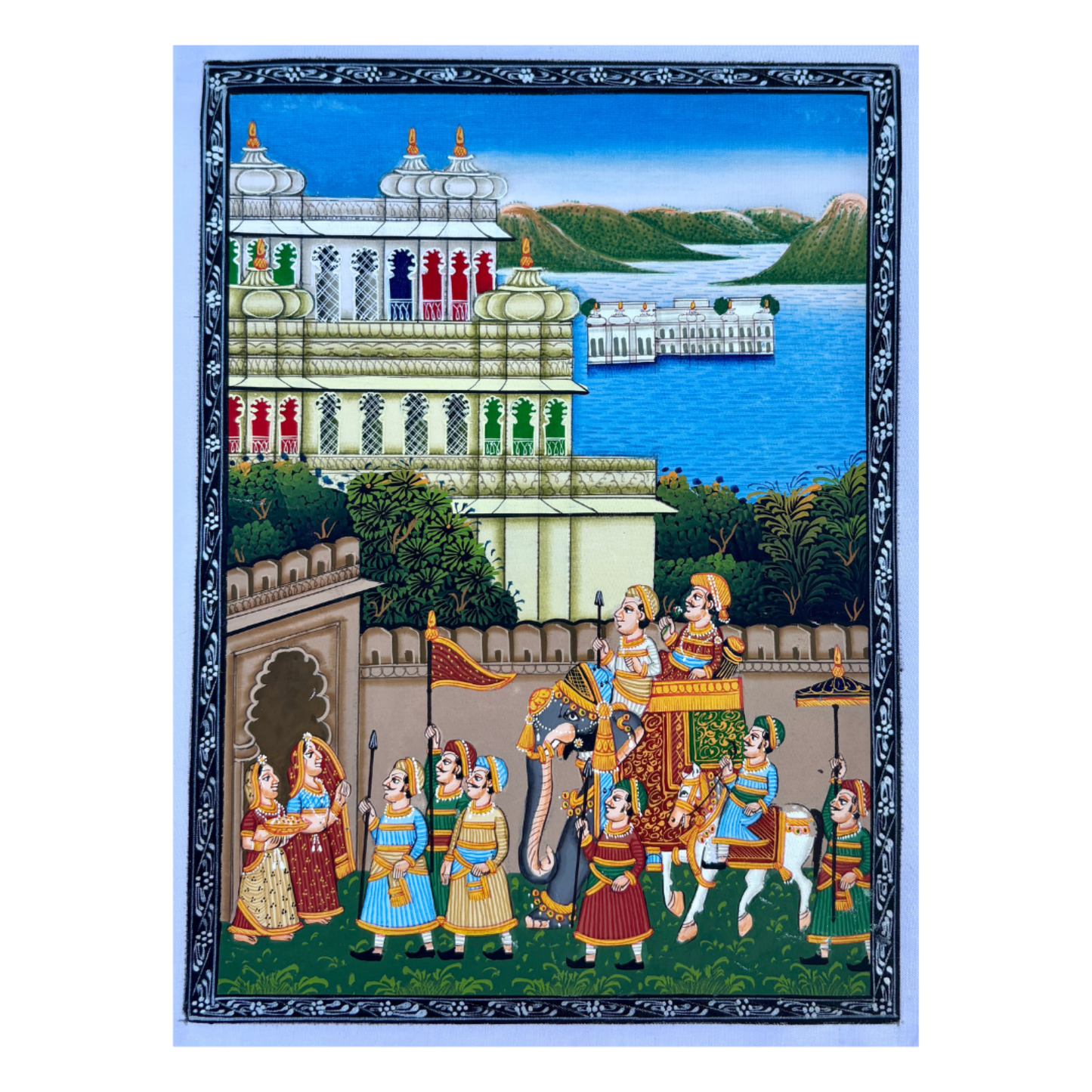 Rajasthani Miniature Handmade Painting | Blue royal procession with city palace and lake palace in background