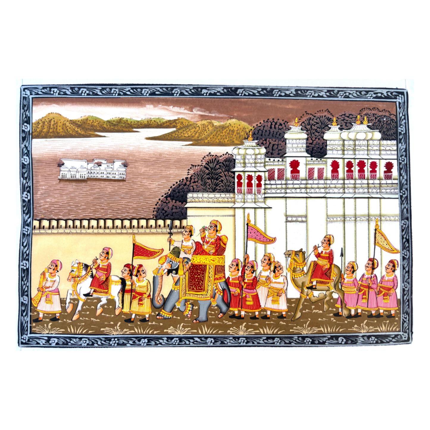 Rajasthani Miniature Handmade Painting | Brown | Royal procession with city palace and lake palace in background