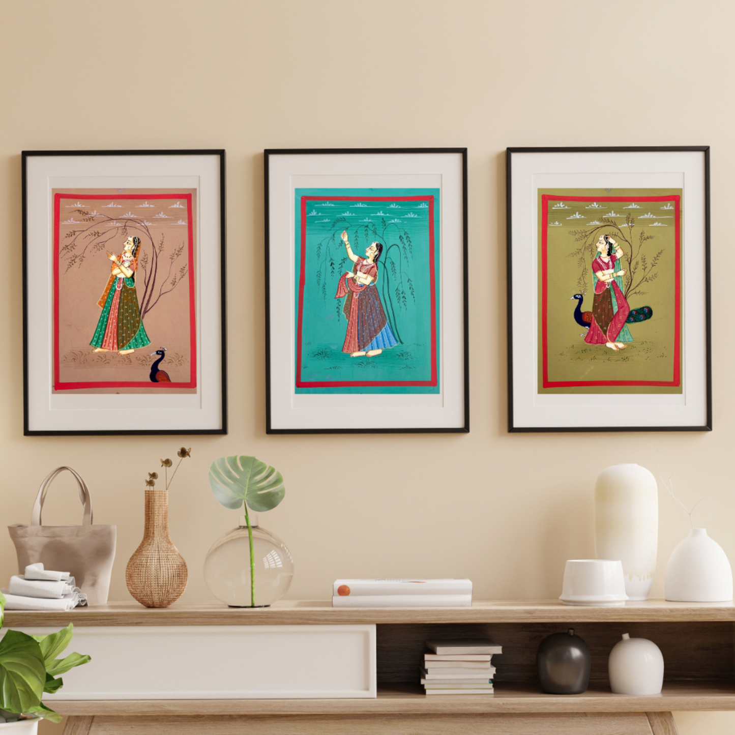 Handmade Miniature Painting | Ragini in garden | Green colour background