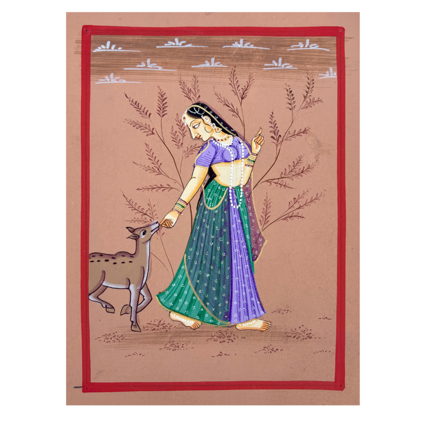 Handmade Miniature Painting | Ragini with deer | Rust colour background