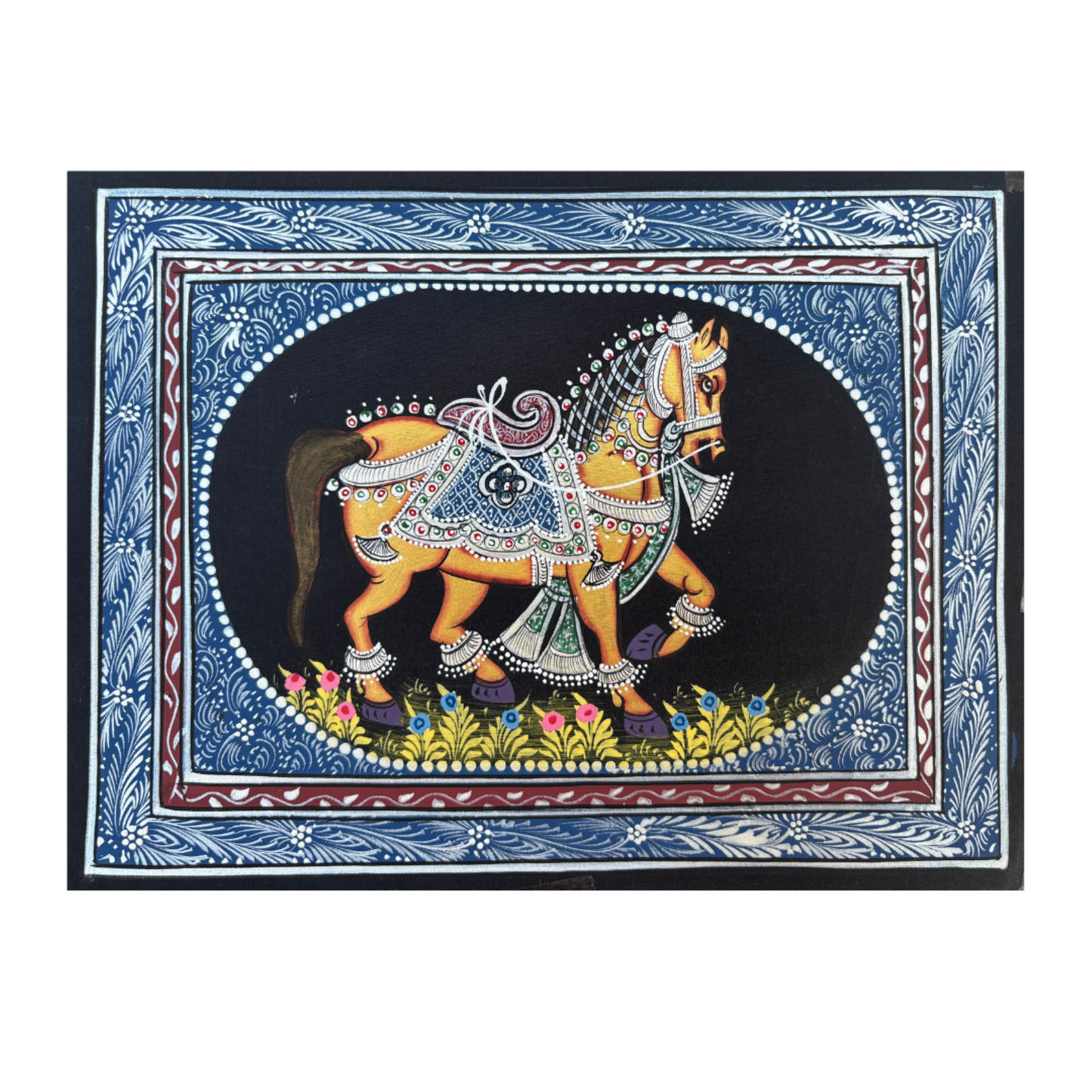 Handmade Miniature painting | Horse | Black background with silver detailing