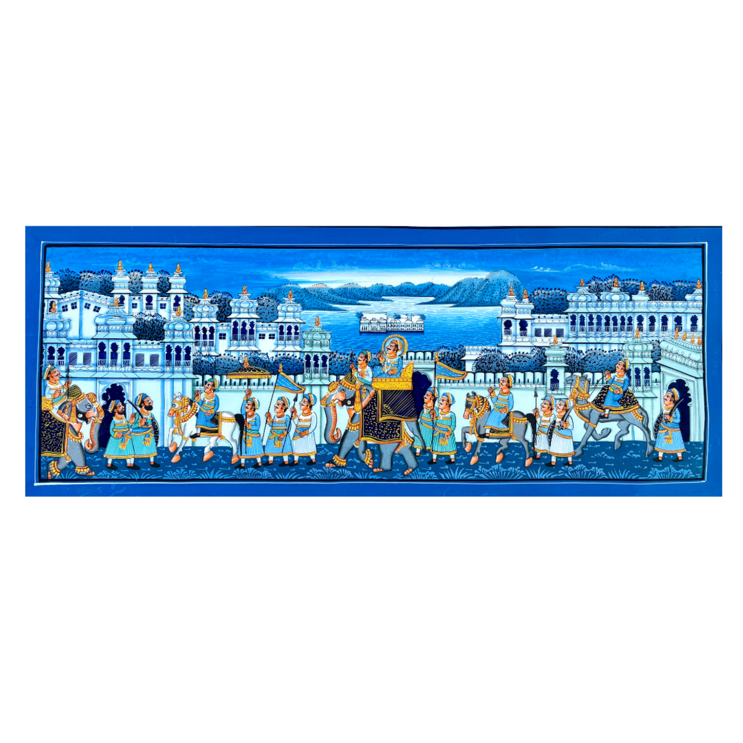 Handmade Rajasthani Miniature painting | Blue | Royal procession with city palace and lake palace in background