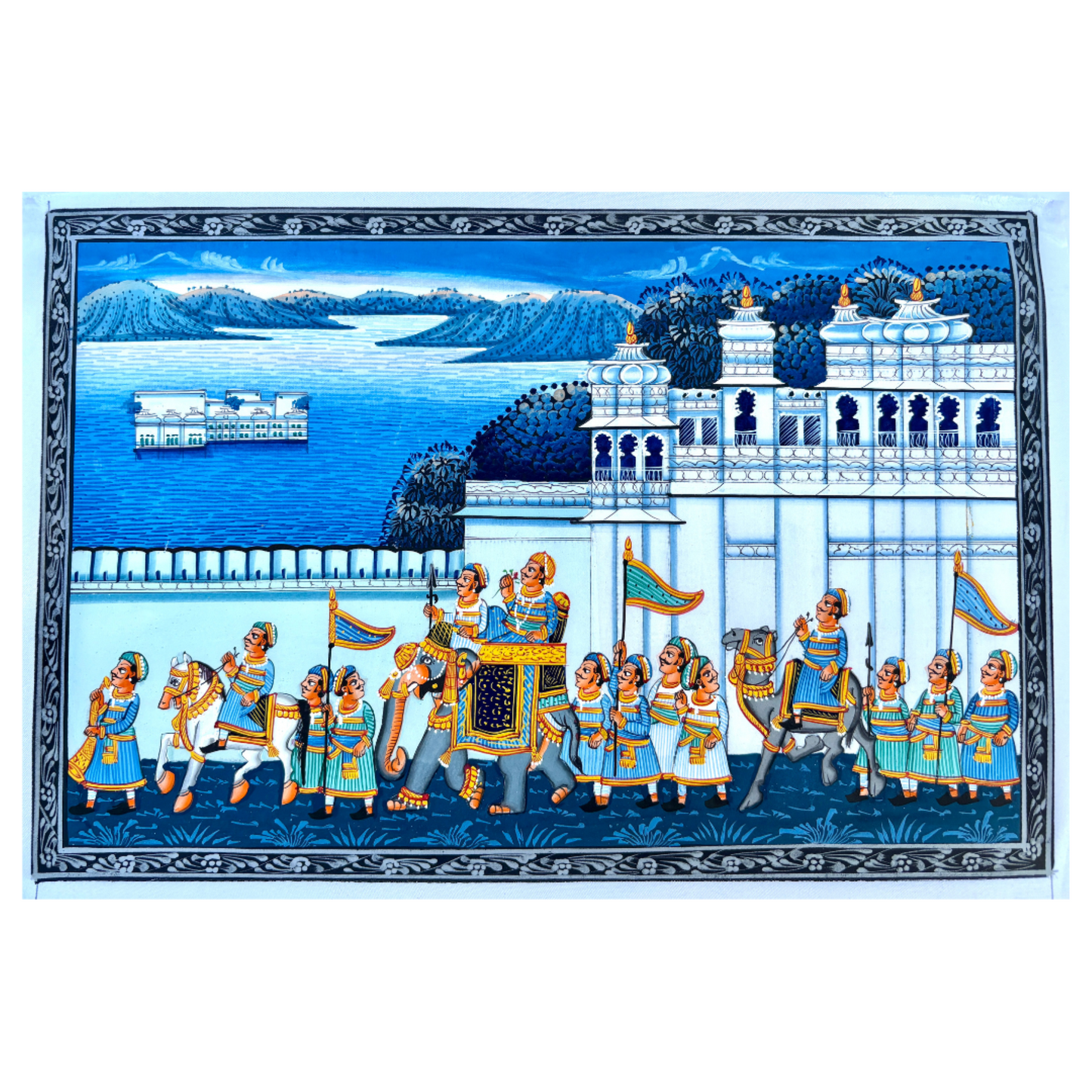 Handmade Rajasthani Miniature painting | Blue | Royal procession with city palace and lake palace in background