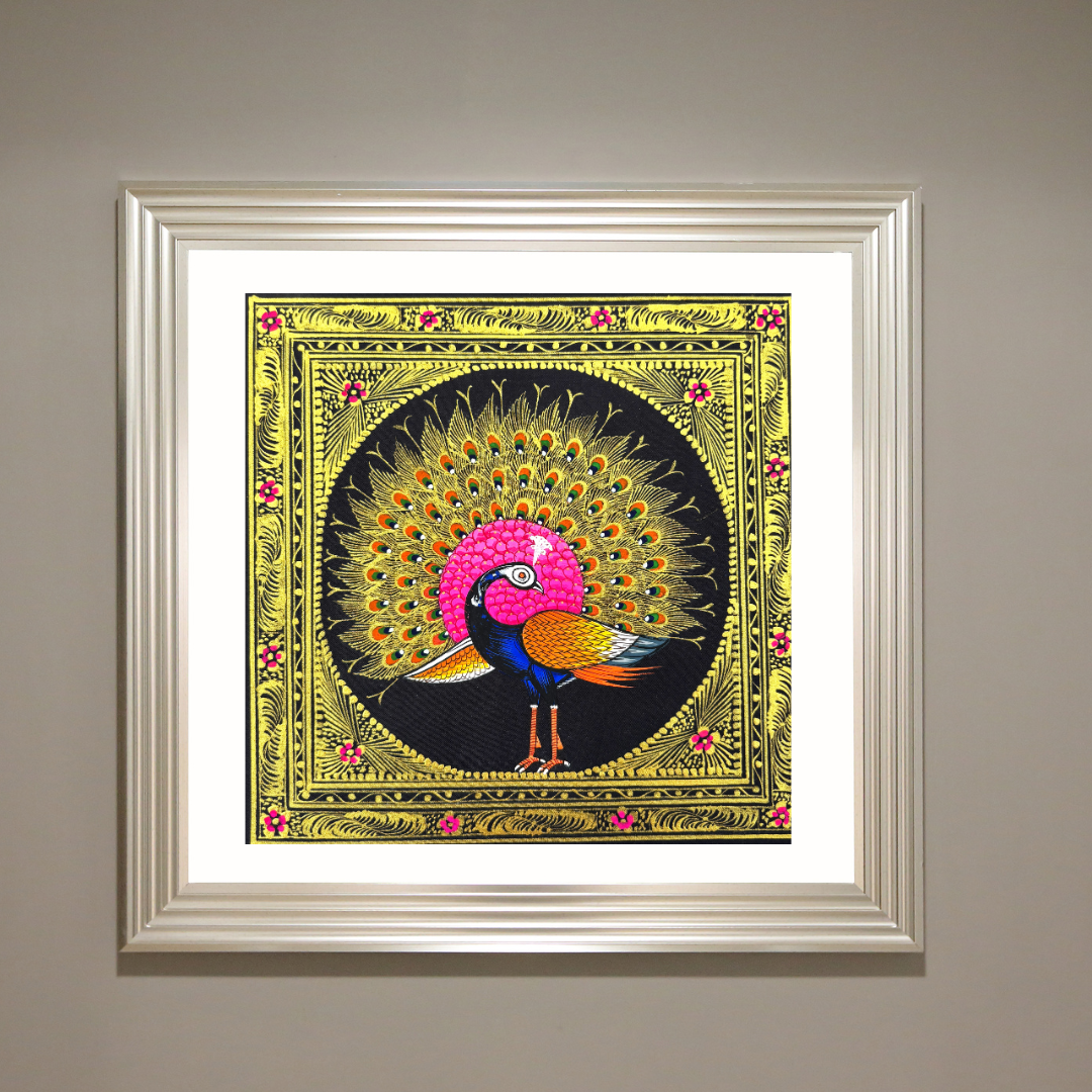 Rajasthani Handmade Miniature painting Royal Peacock Right Facing Pink Colour with Golden Detailing