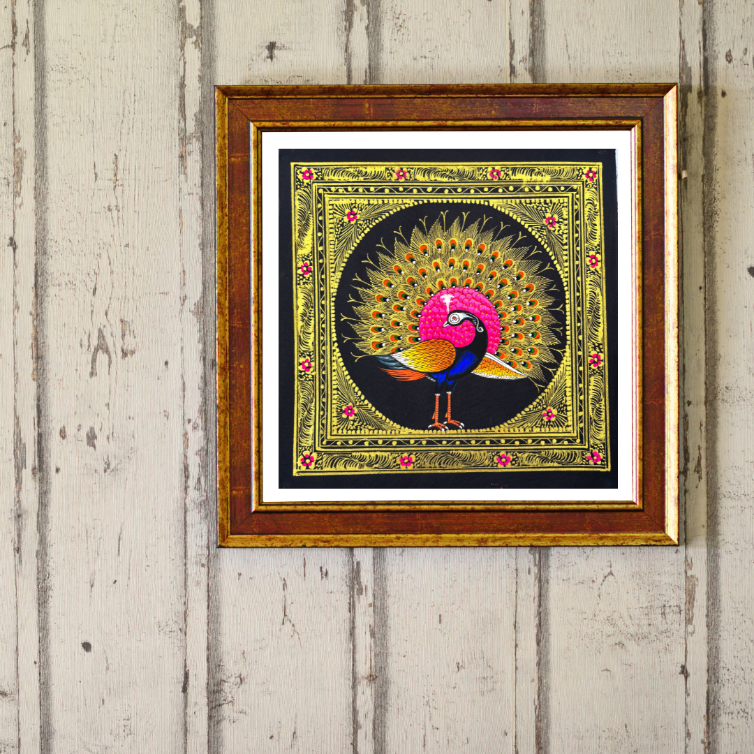 Rajasthani Handmade Miniature painting Royal Peacock Left Facing Pink Colour with Golden Detailing
