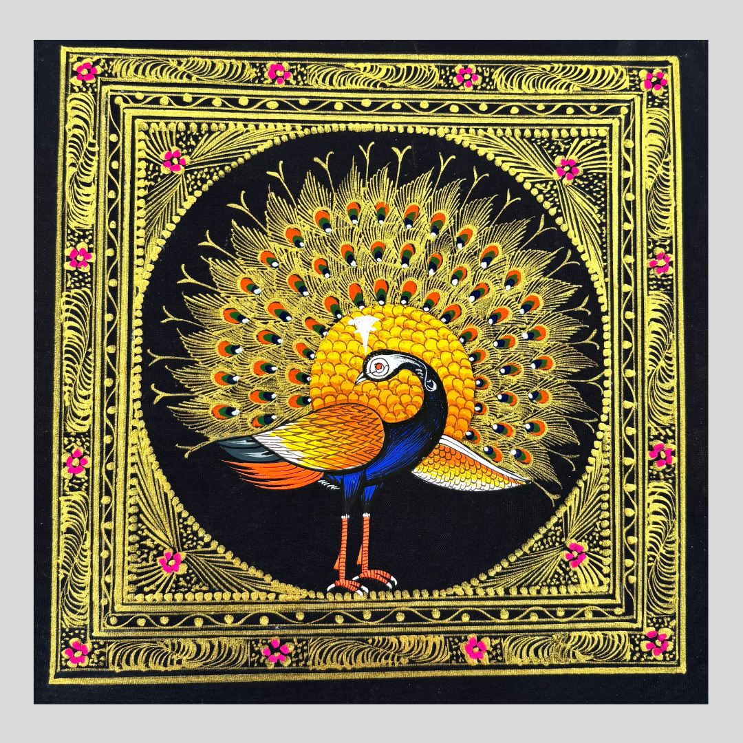 Rajasthani Handmade Miniature painting Royal Peacock Left Facing Yellow Colour with Golden Detailing