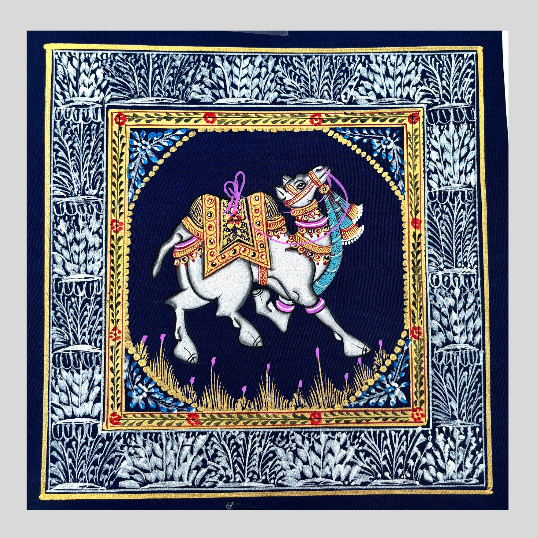 Rajasthani Handmade Miniature painting Camel Blue background facing right with Golden Detailing