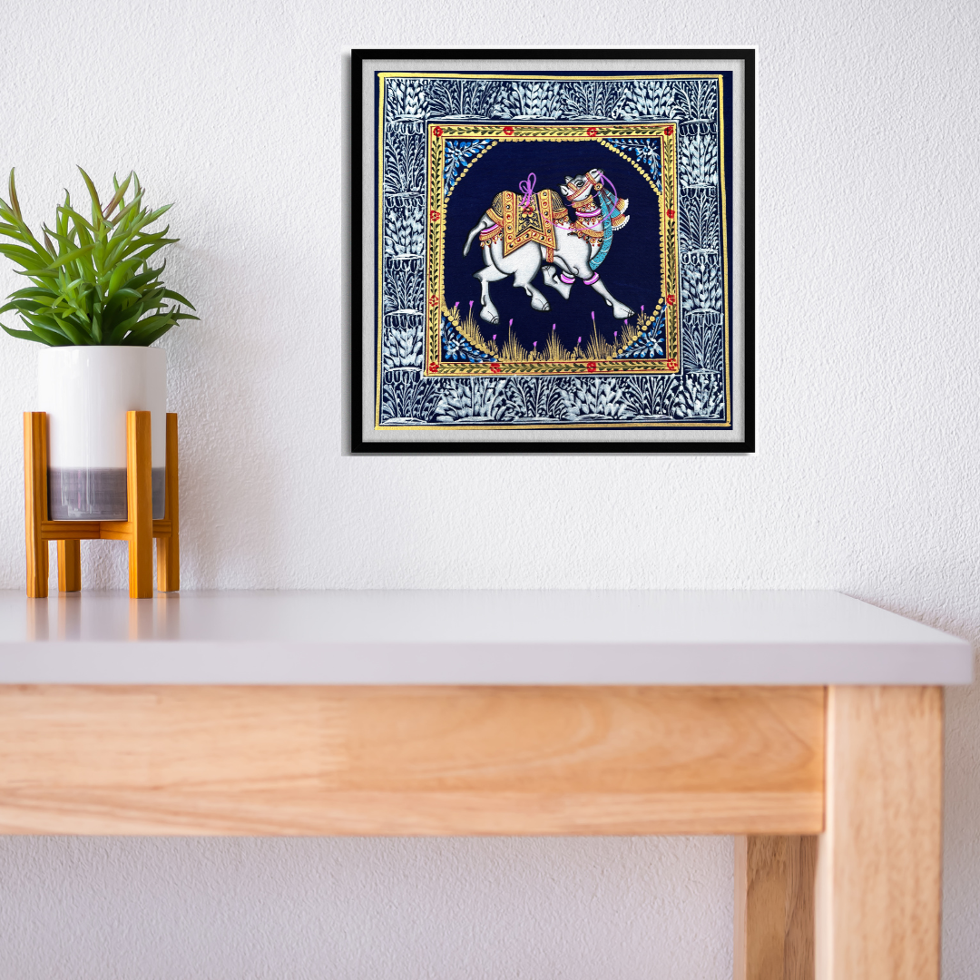 Rajasthani Handmade Miniature painting Camel Blue background facing right with Golden Detailing