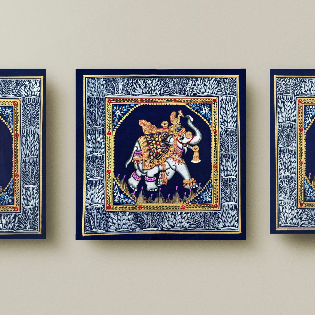 Rajasthani Handmade Miniature painting Elephant Blue background facing right with Golden Detailing